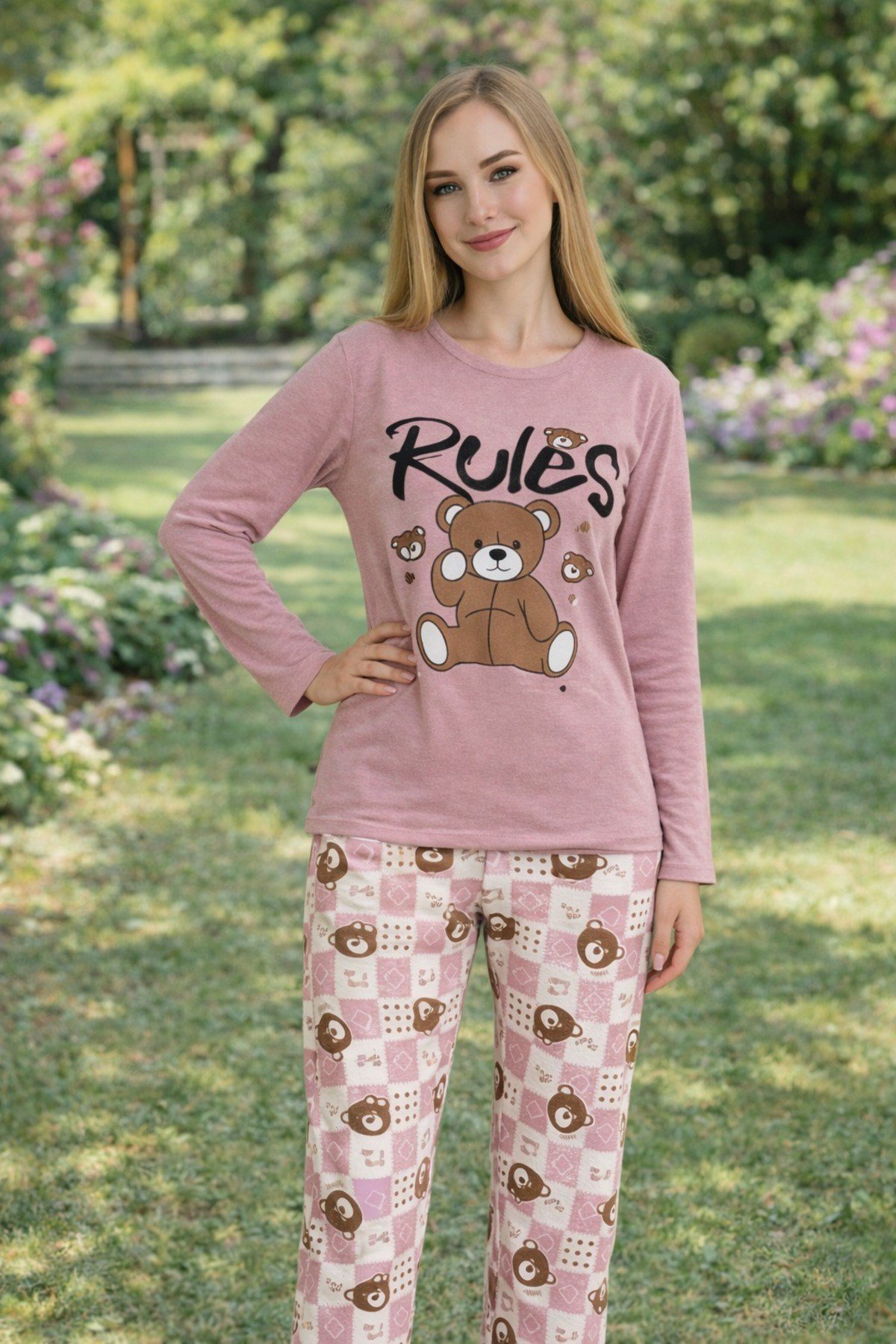 Kadın Rules Ayıcık Baskılı Süprem Uzun Kol Pijama Takımı