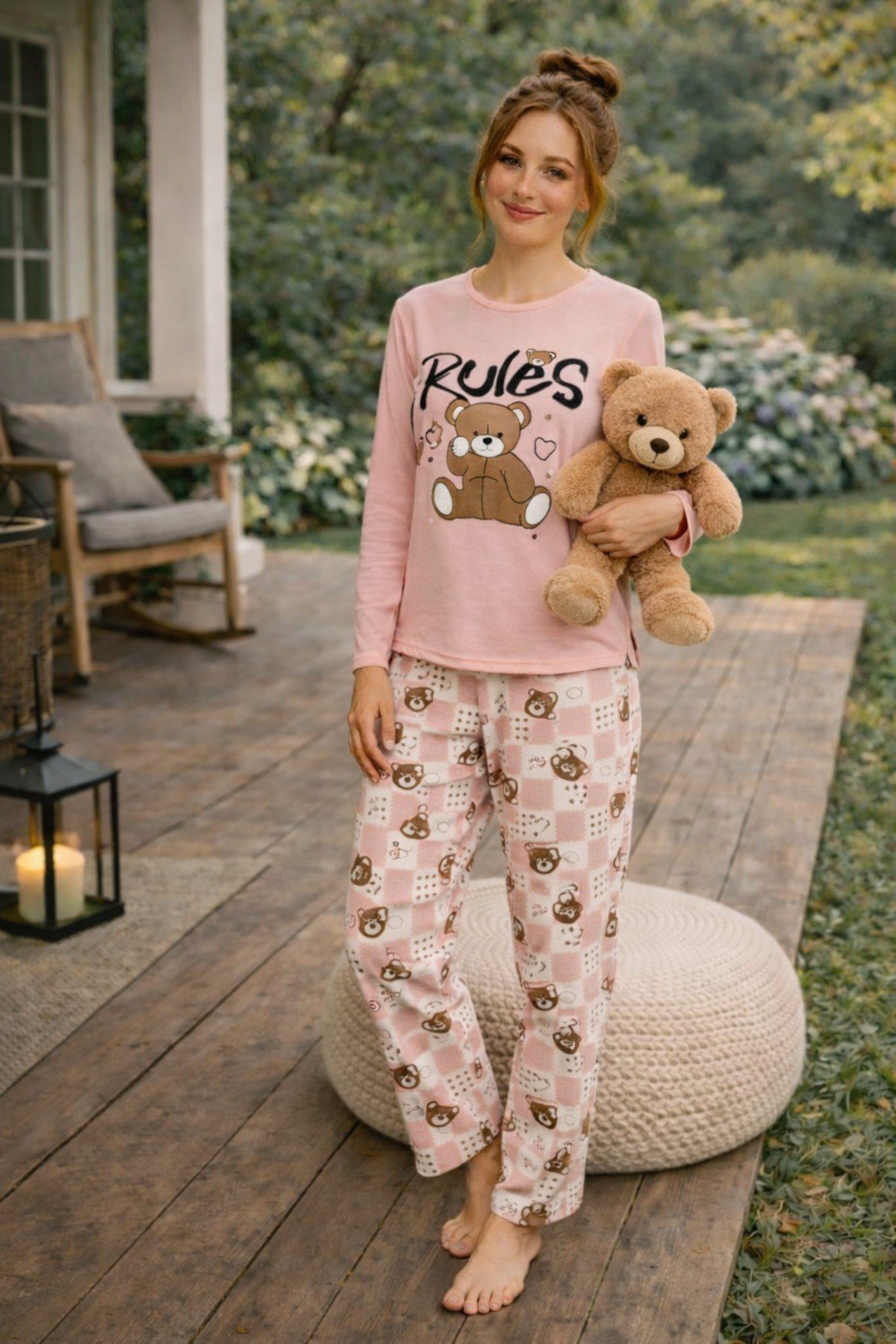Kadın Rules Ayıcık Baskılı Süprem Uzun Kol Pijama Takımı