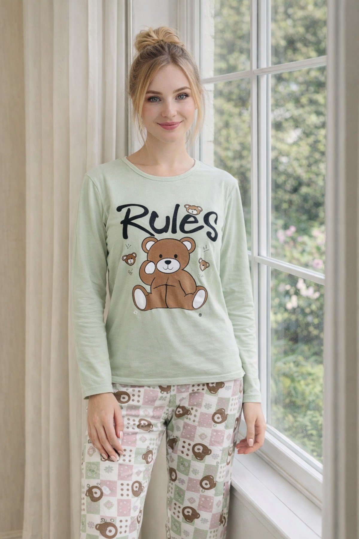 Kadın Rules Ayıcık Baskılı Süprem Uzun Kol Pijama Takımı