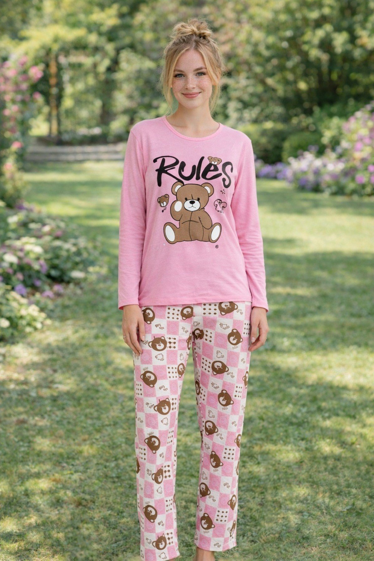 Kadın Rules Ayıcık Baskılı Süprem Uzun Kol Pijama Takımı