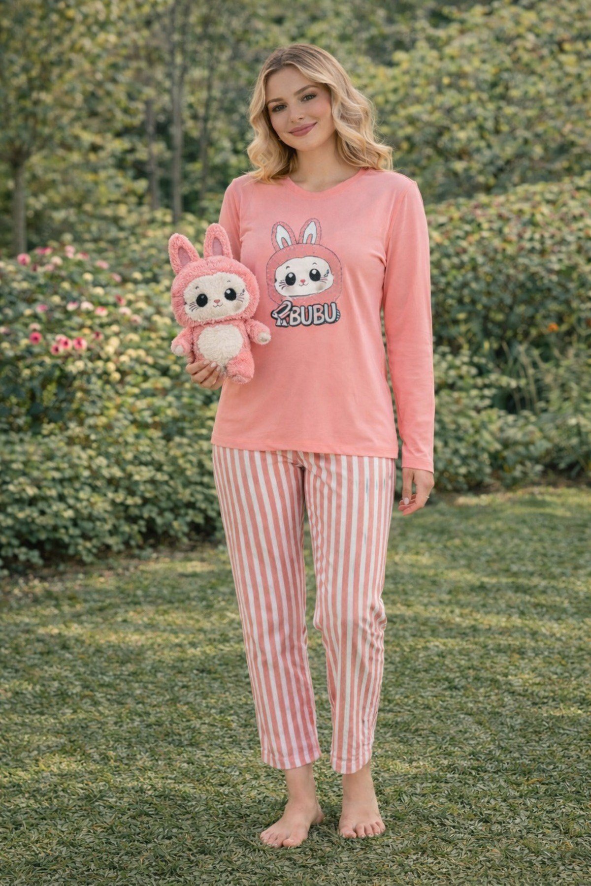 Kadın Süprem Labubu Baskılı Uzun Kol Pijama Takımı