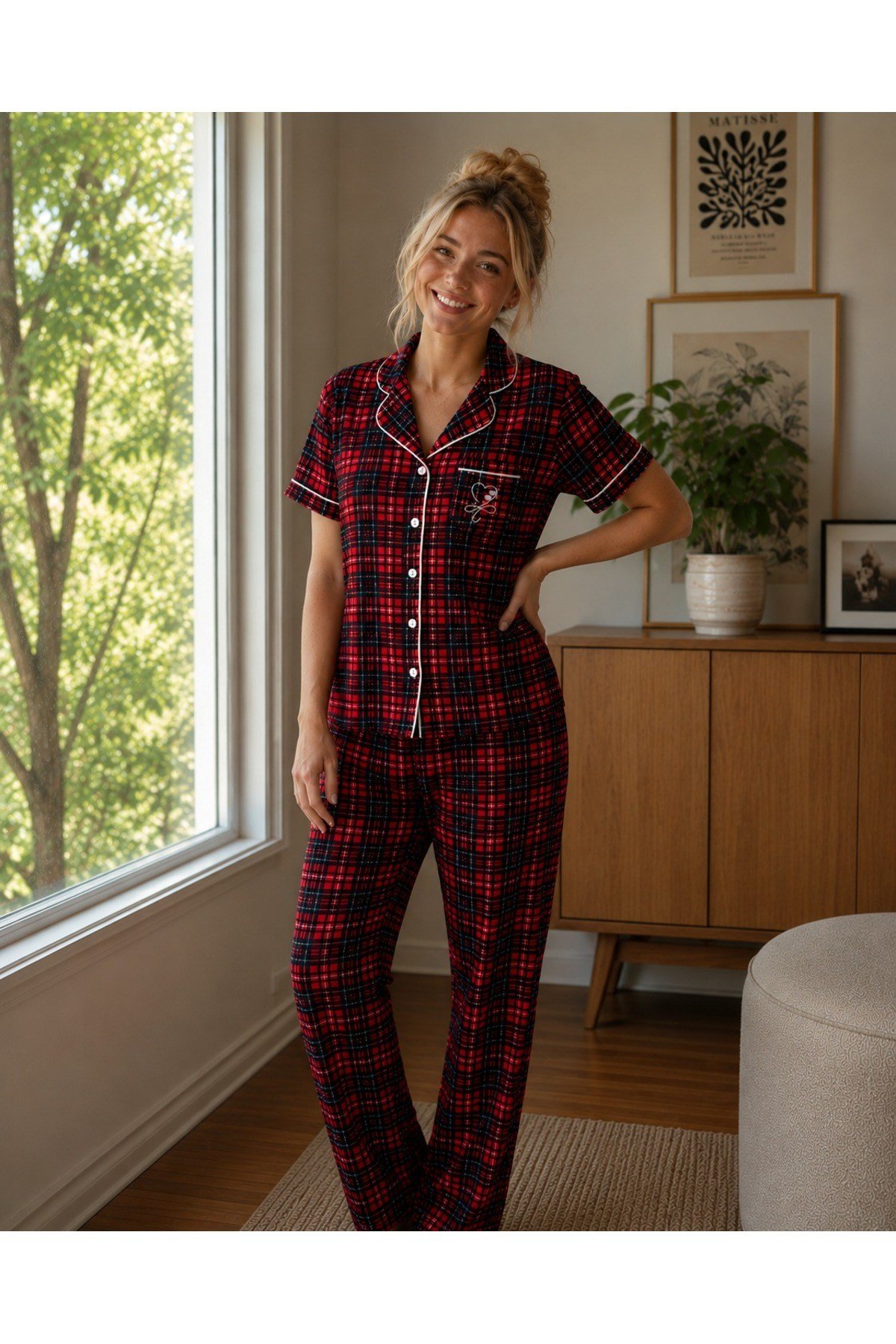 Kadın Viskon Ekose Ara Biyeli Kısa Kol Düğmeli Pijama Takımı
