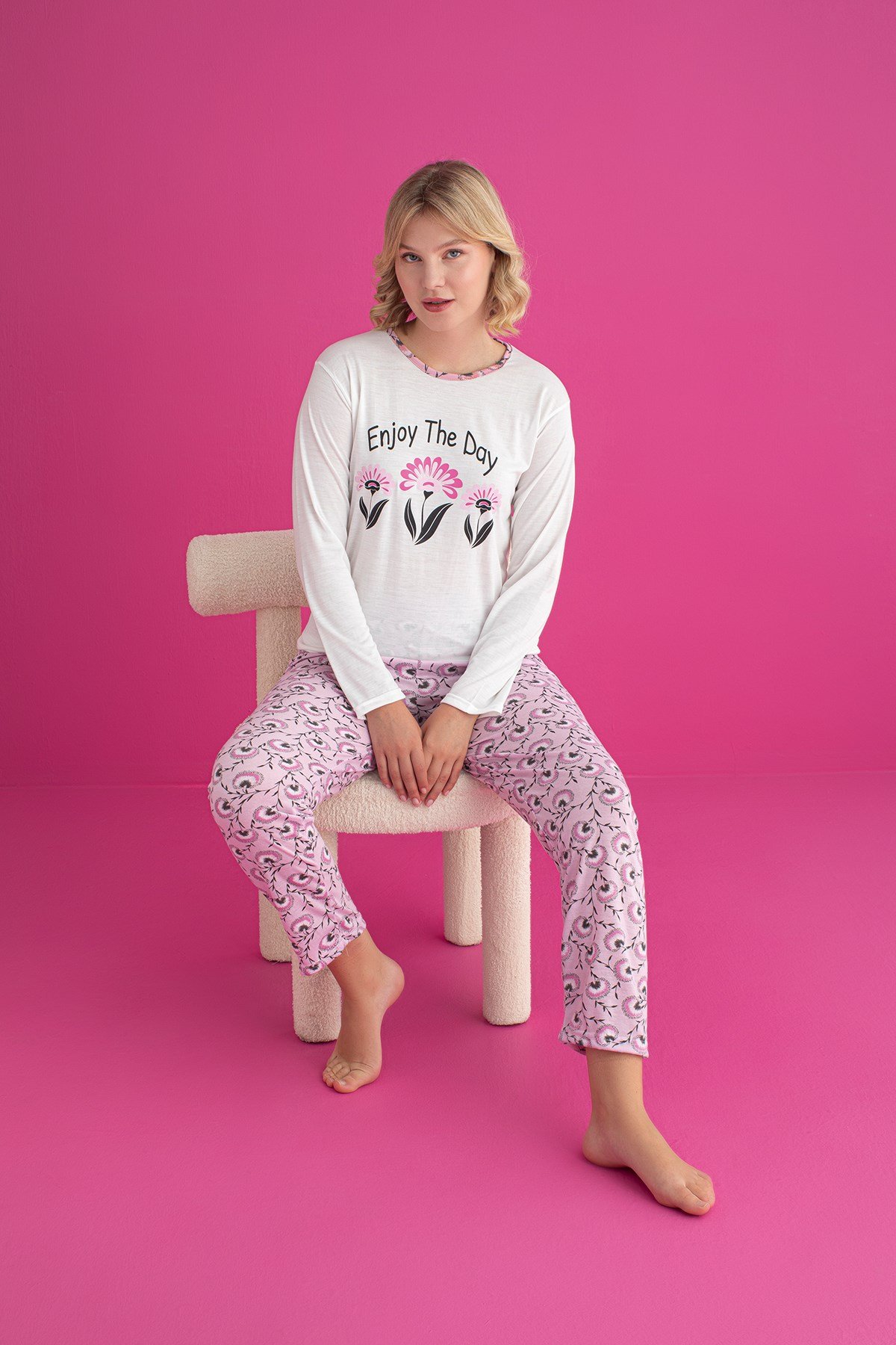 KADIN VİSKON UZUN KOL ÇİÇEK DESENLİ PİJAMA TAKIMI