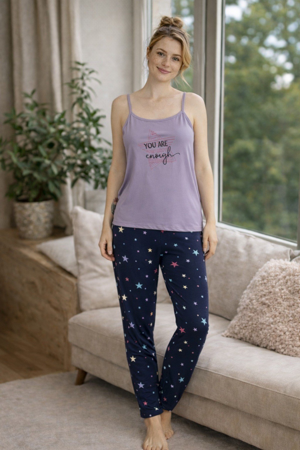 Kadın Yıldız Baskılı Milan Askılı Pijama Takımı
