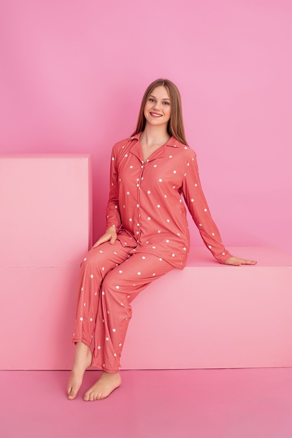 Kadın YILDIZLI Desenli Süet Örme Uzun Kol Kadın Düğmeli Pijama Takımı