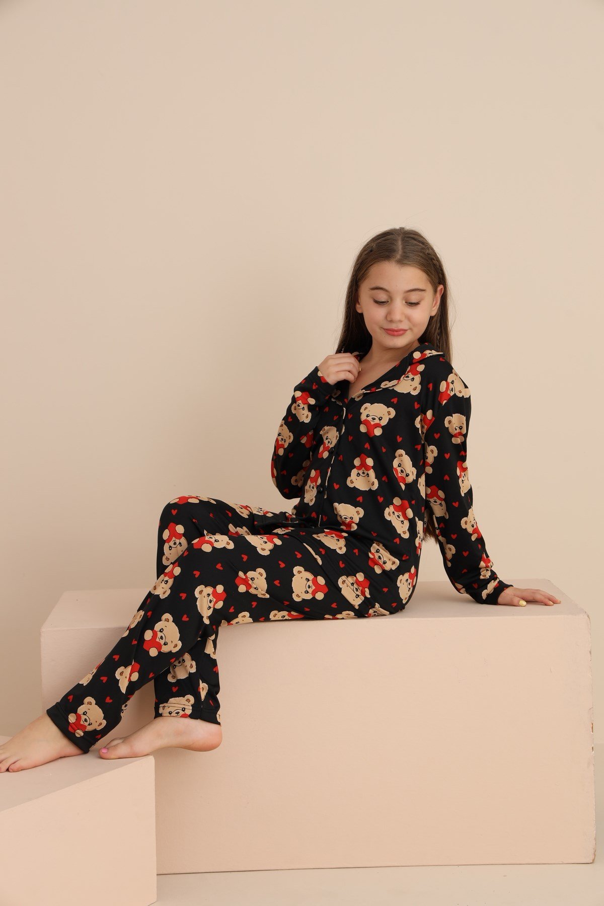 Kız Çocuk AYICIK Yakalı Önü Düğmeli Pijama Takımı