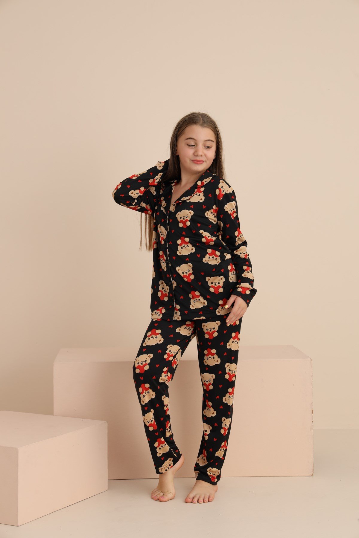 Kız Çocuk AYICIK Yakalı Önü Düğmeli Pijama Takımı