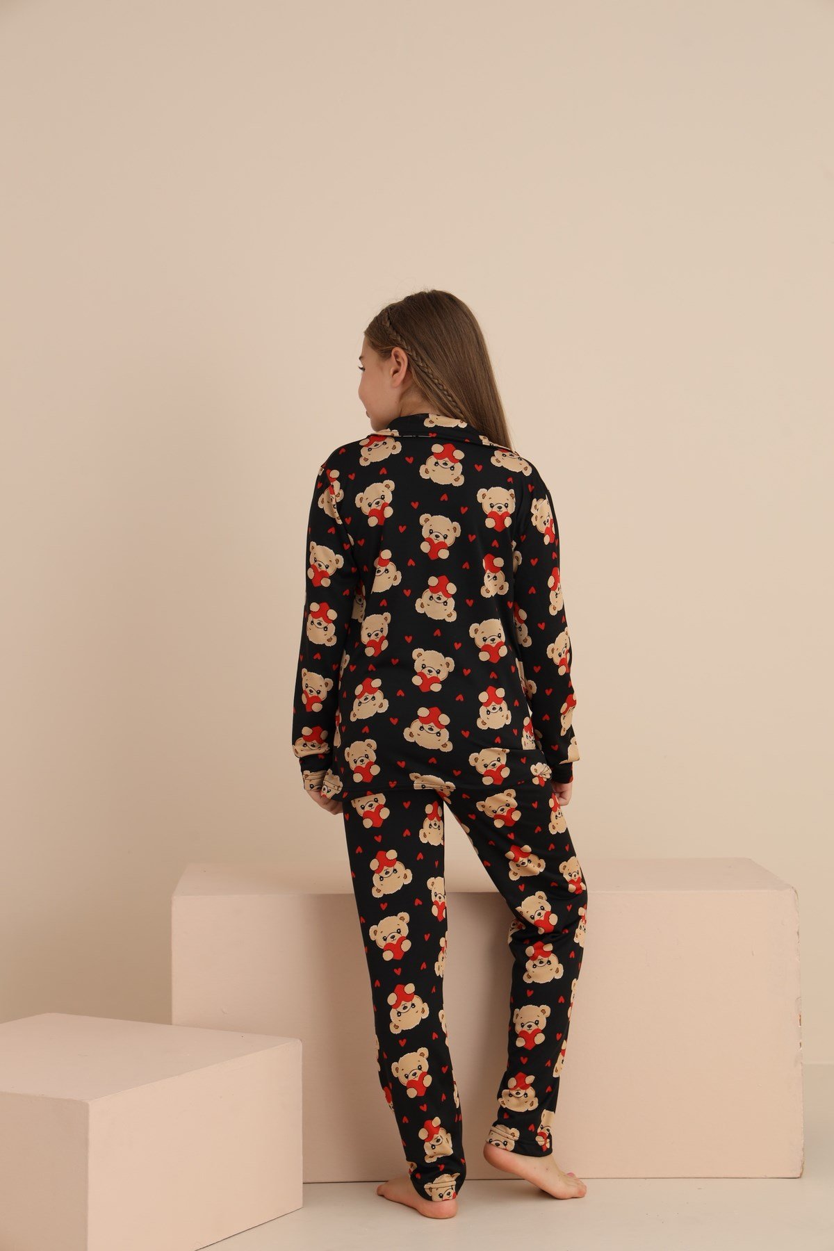Kız Çocuk AYICIK Yakalı Önü Düğmeli Pijama Takımı