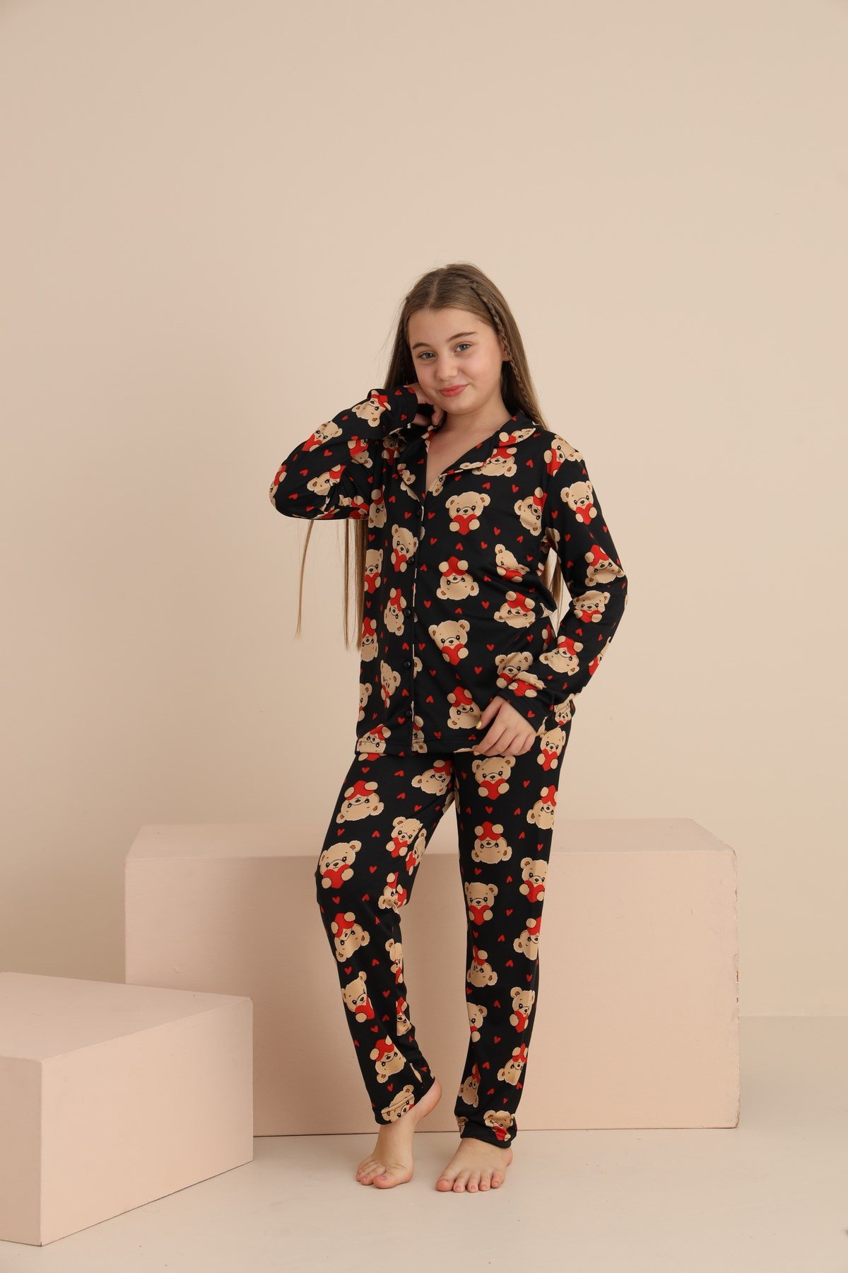Kız Çocuk AYICIK Yakalı Önü Düğmeli Pijama Takımı
