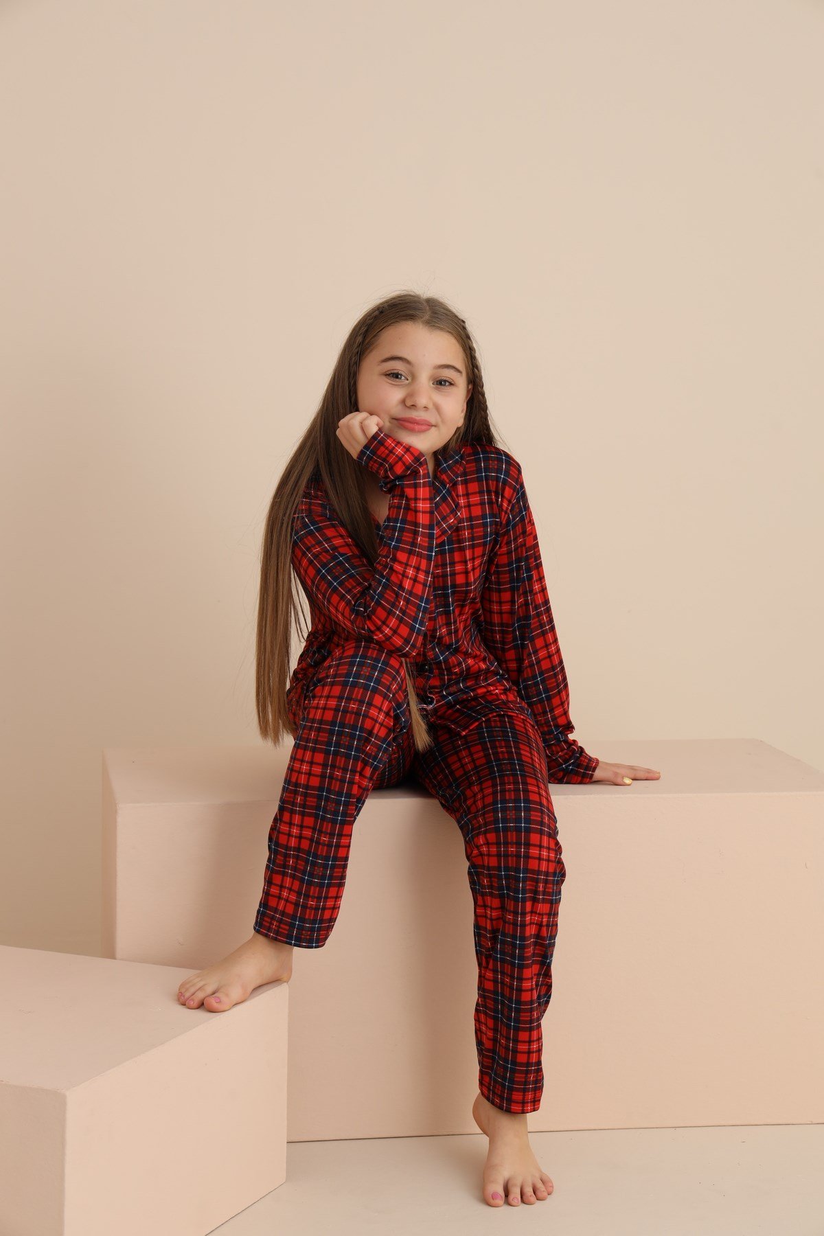 Kız Çocuk EKOSE Yakalı Önü Düğmeli Pijama Takımı