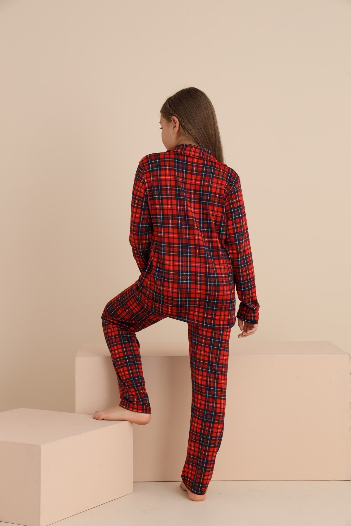 Kız Çocuk EKOSE Yakalı Önü Düğmeli Pijama Takımı