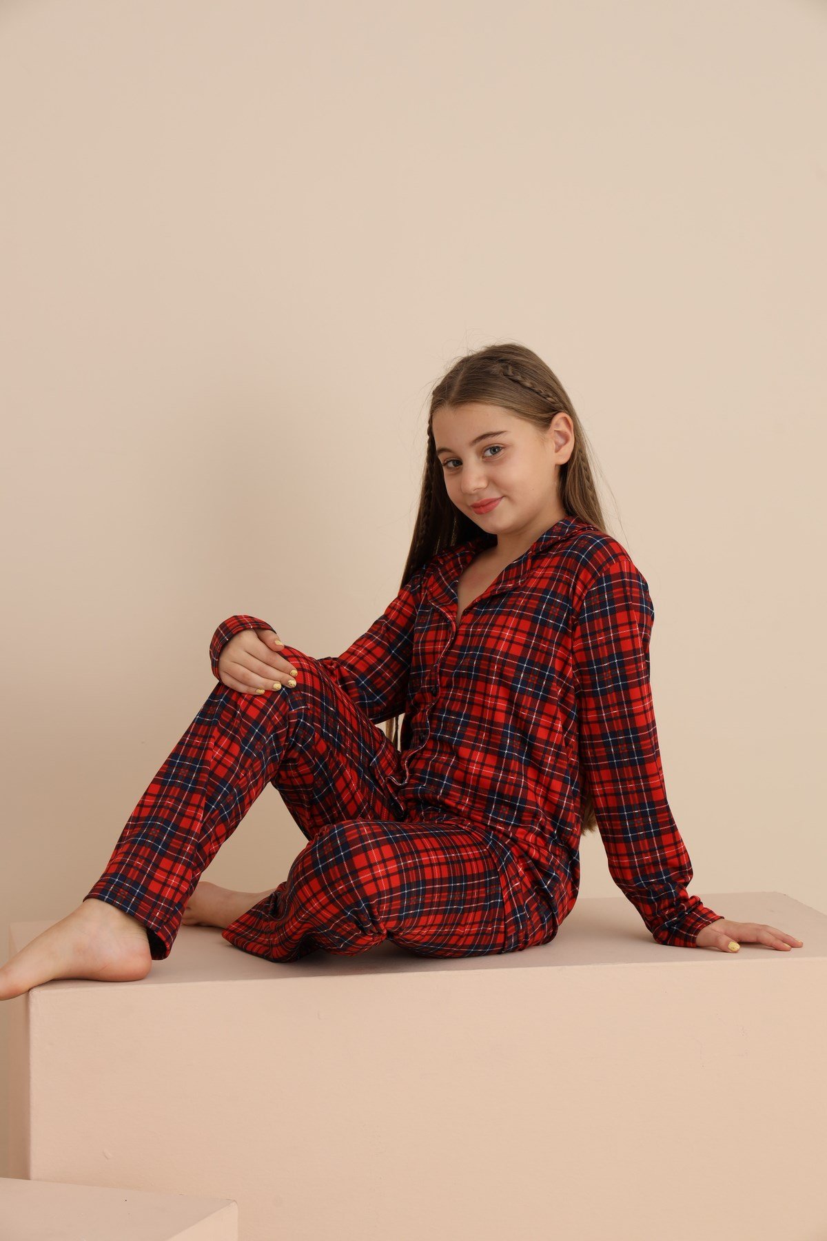 Kız Çocuk EKOSE Yakalı Önü Düğmeli Pijama Takımı