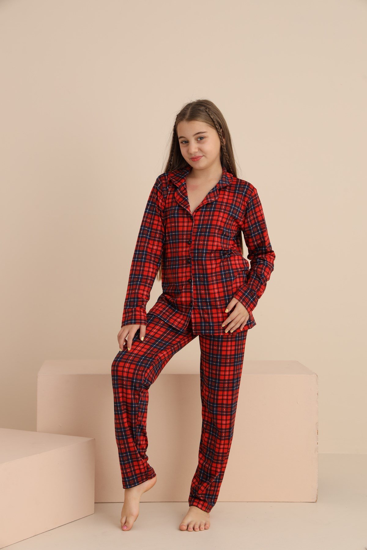 Kız Çocuk EKOSE Yakalı Önü Düğmeli Pijama Takımı