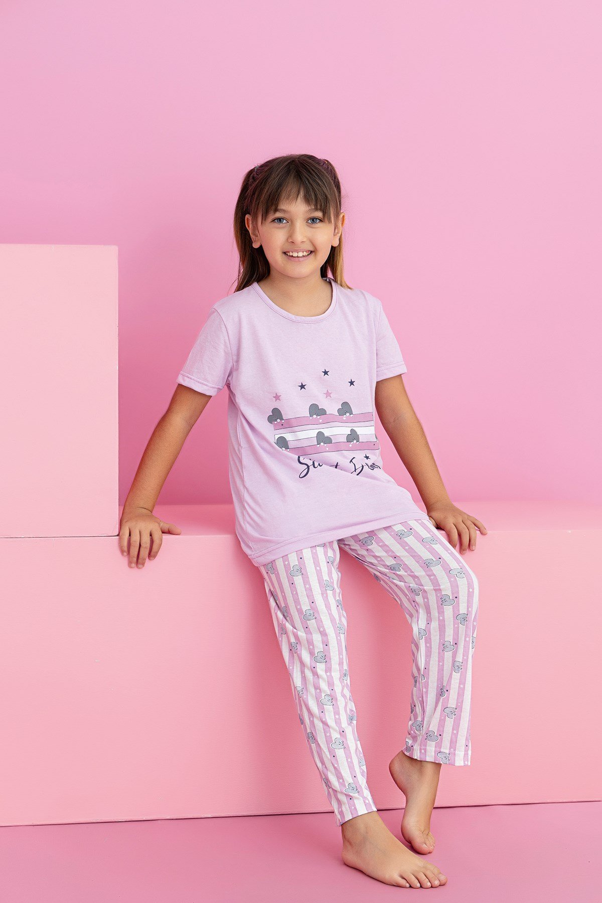 Kız Çocuk Kısakol Pijama Takımı Desenli
