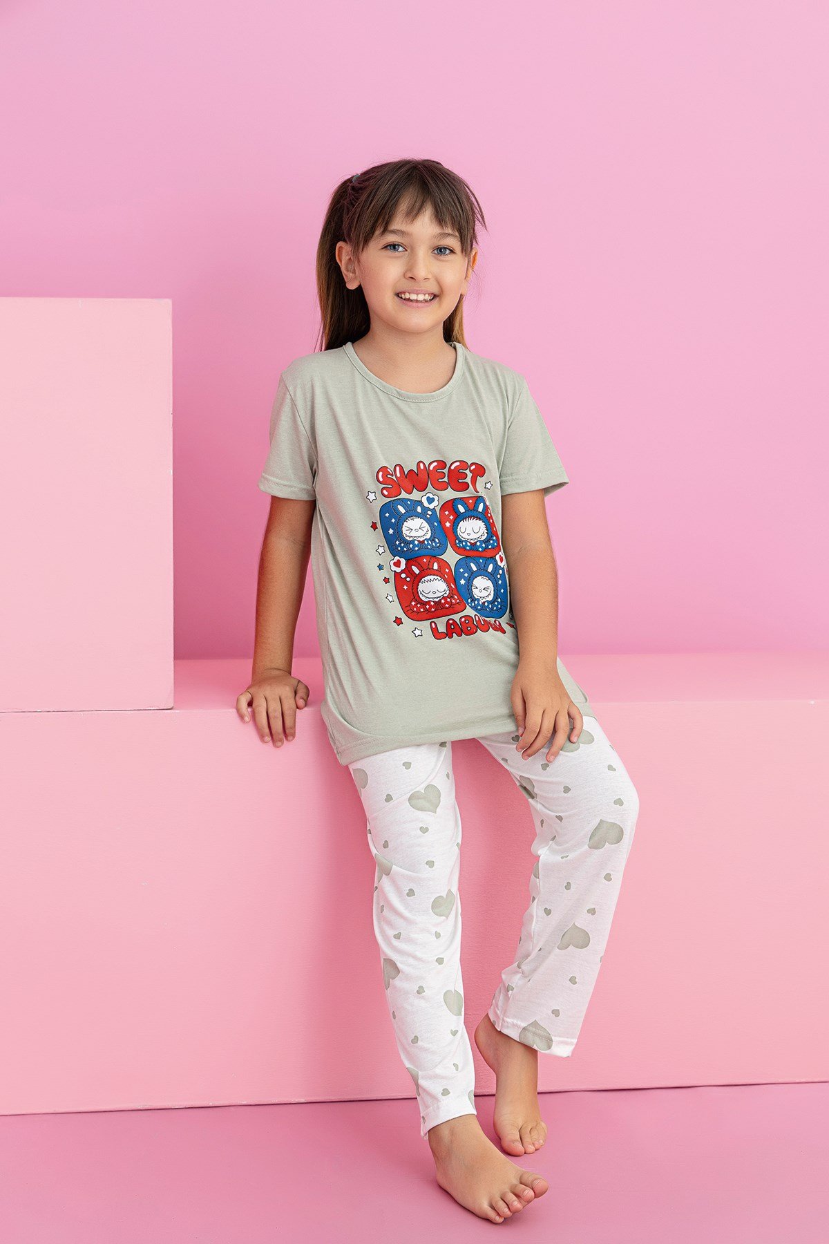 Kız Çocuk Kısakol Pijama Takımı Desenli
