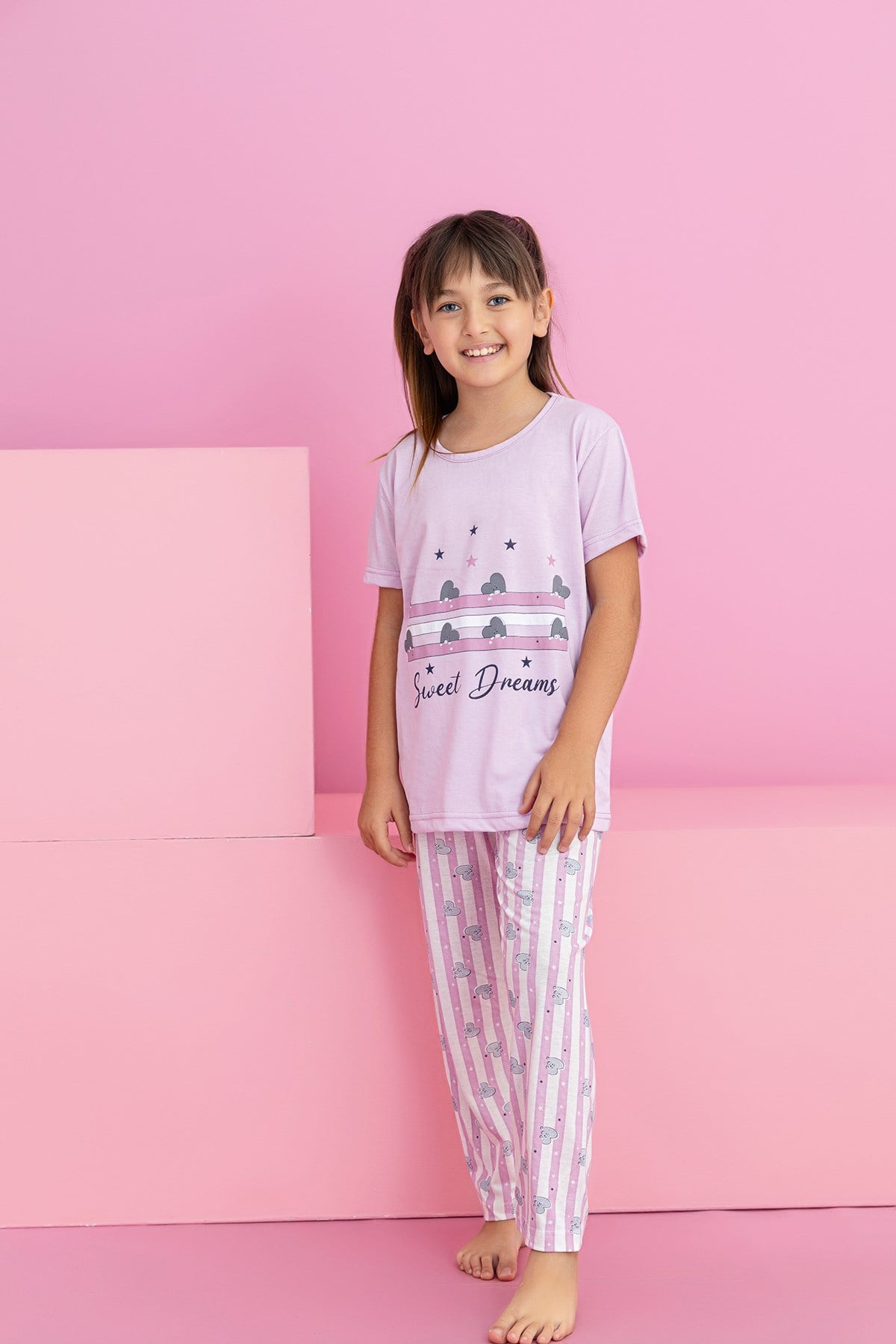 Kız Çocuk Kısakol Pijama Takımı Desenli