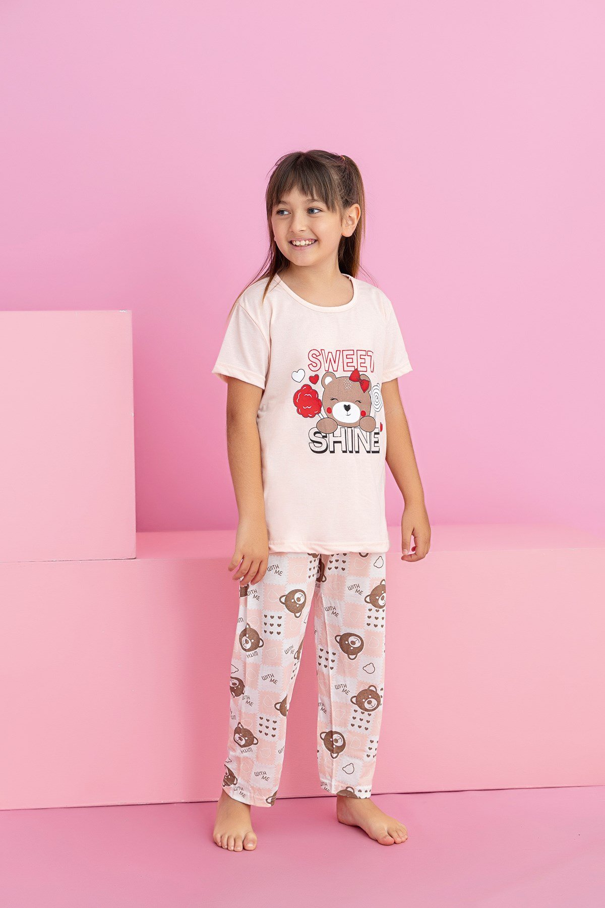 Kız Çocuk Kısakol Pijama Takımı Desenli