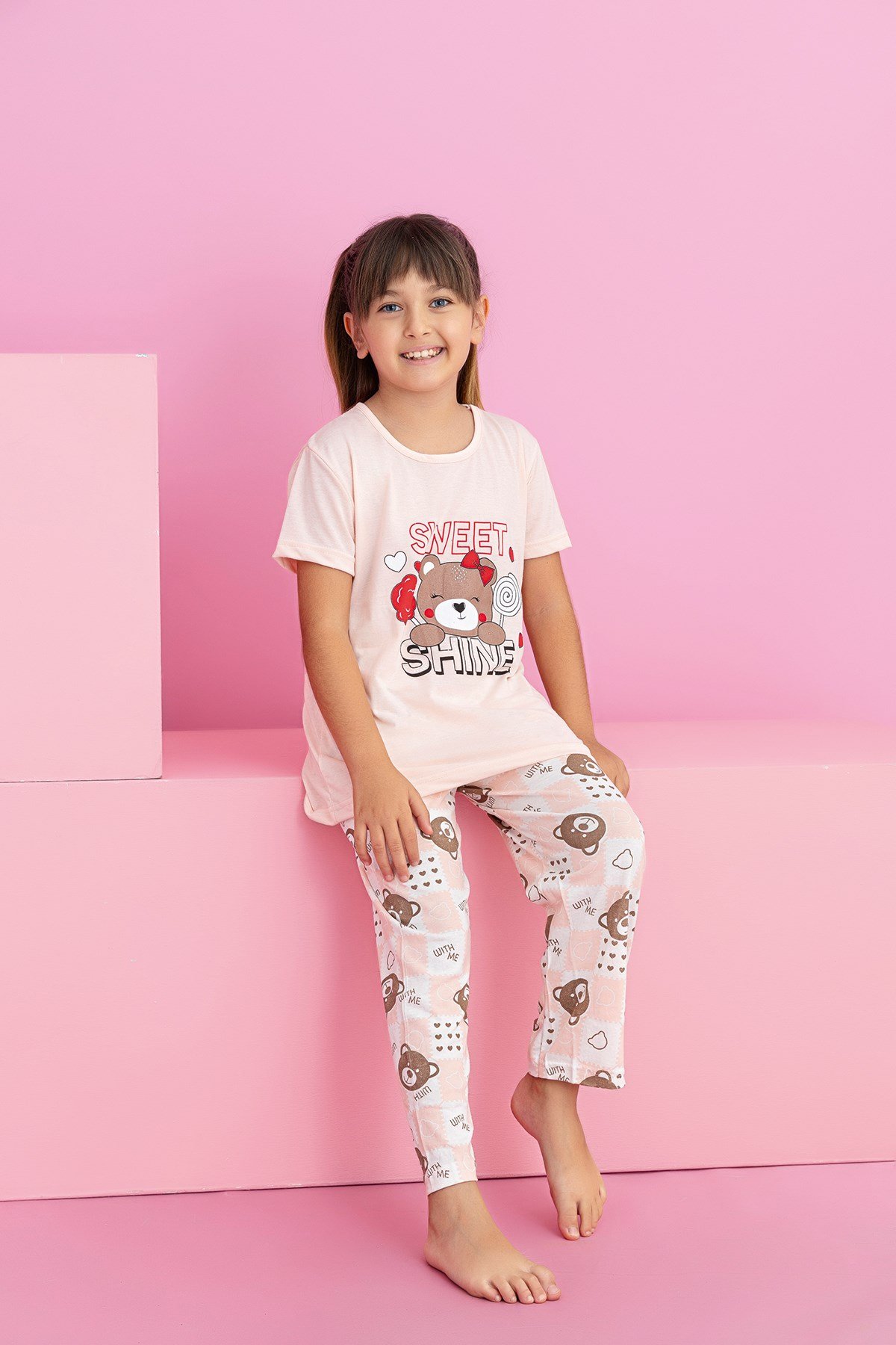 Kız Çocuk Kısakol Pijama Takımı Desenli