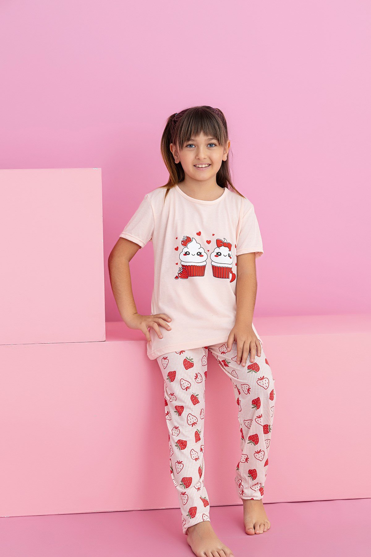 Kız Çocuk Kısakol Pijama Takımı Desenli