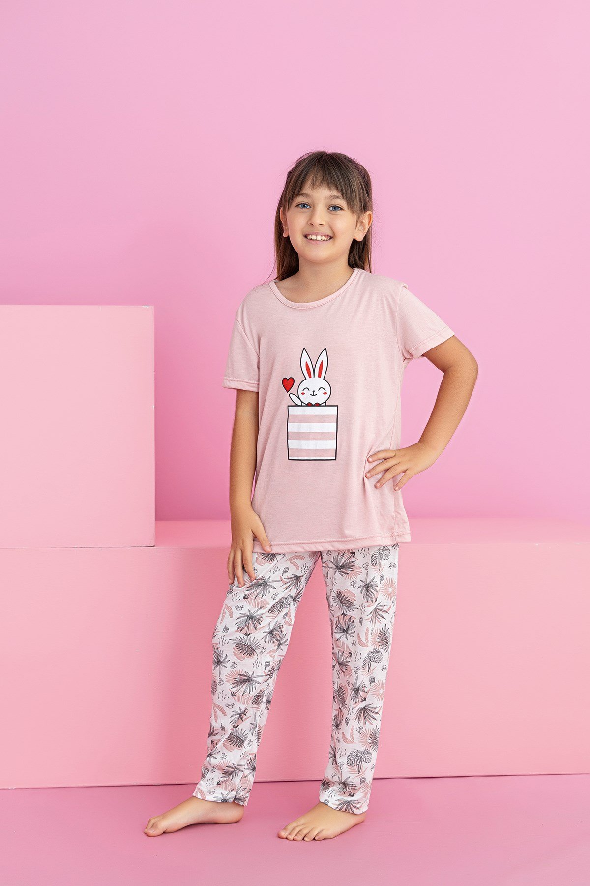 Kız Çocuk Kısakol Pijama Takımı Desenli