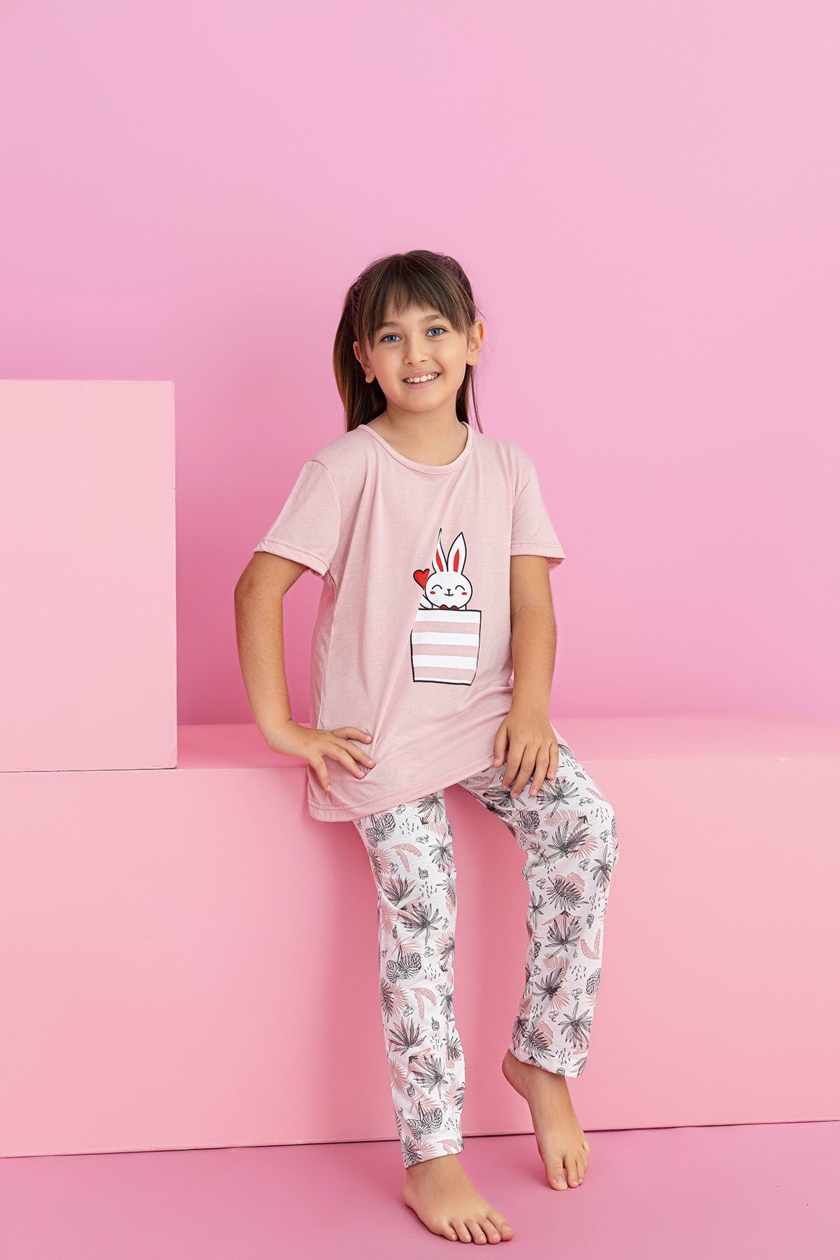 Kız Çocuk Kısakol Pijama Takımı Desenli
