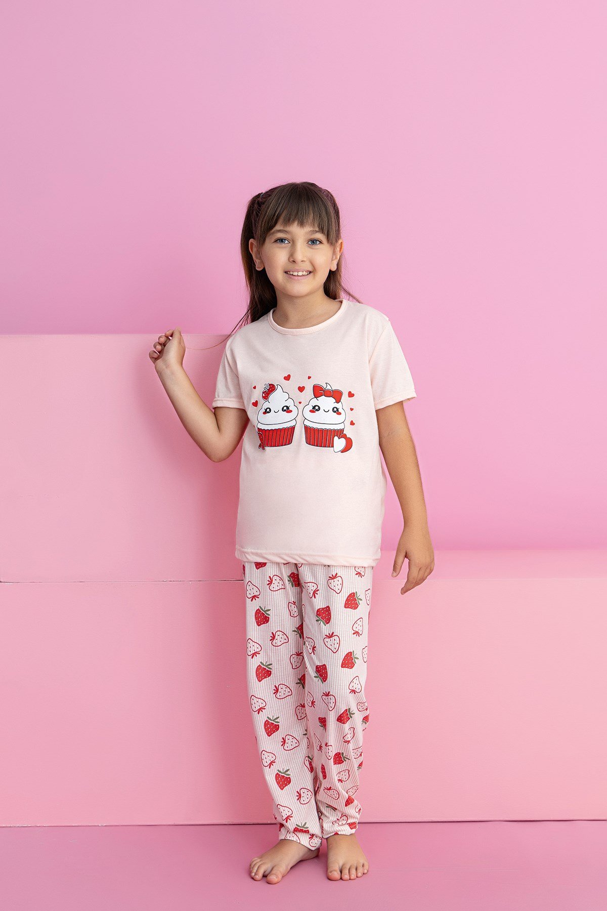 Kız Çocuk Kısakol Pijama Takımı Desenli