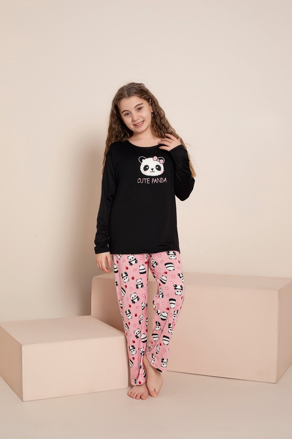 KIZ ÇOCUK PANDA MİLAN ÖRME UZUN KOL PİJAMA TAKIMI