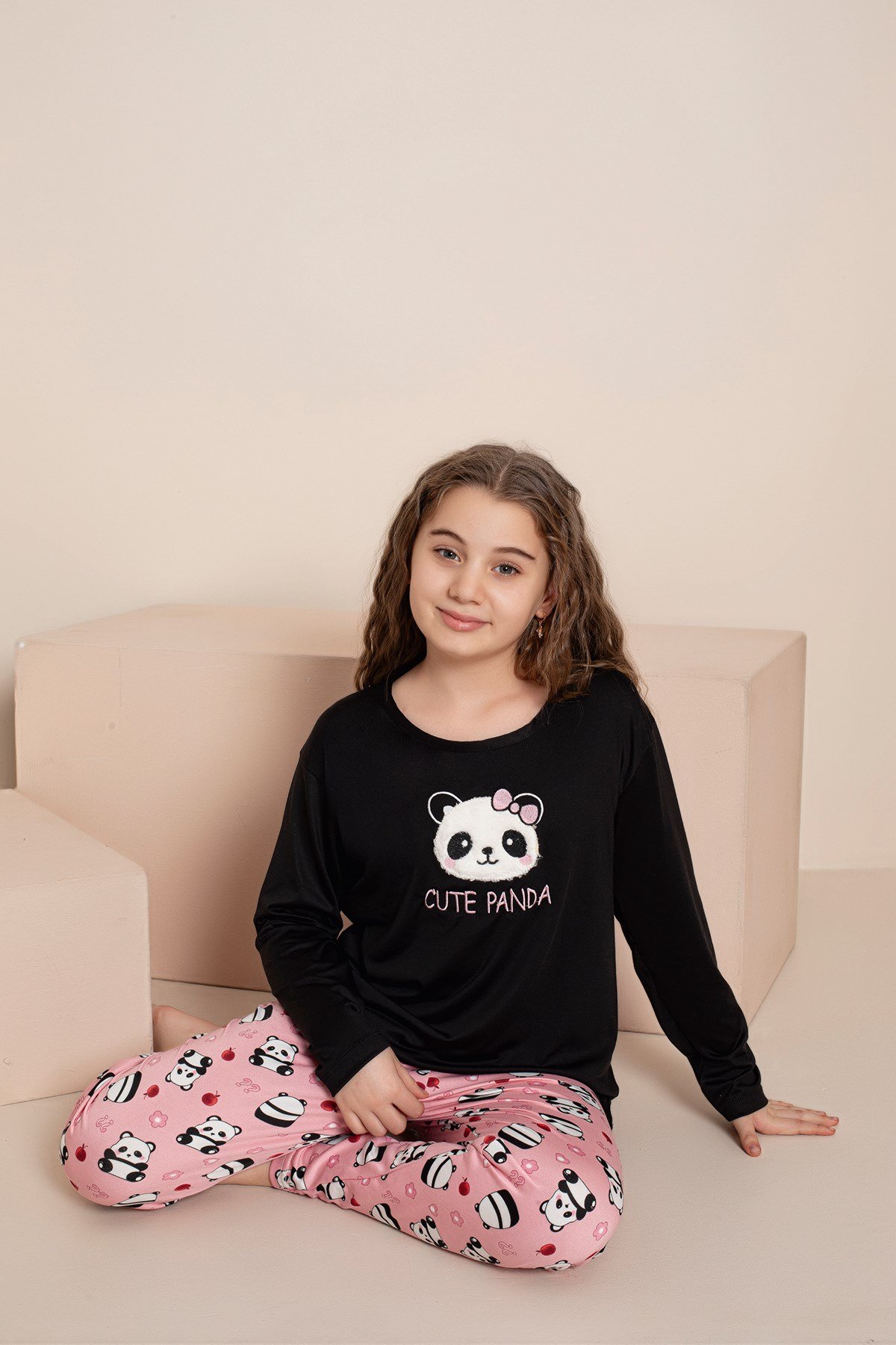 KIZ ÇOCUK PANDA MİLAN ÖRME UZUN KOL PİJAMA TAKIMI