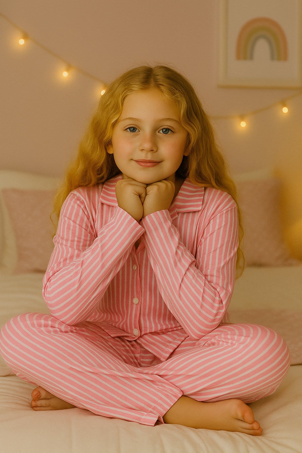 Kız Çocuk Yakalı Önü Düğmeli Pijama Takımı