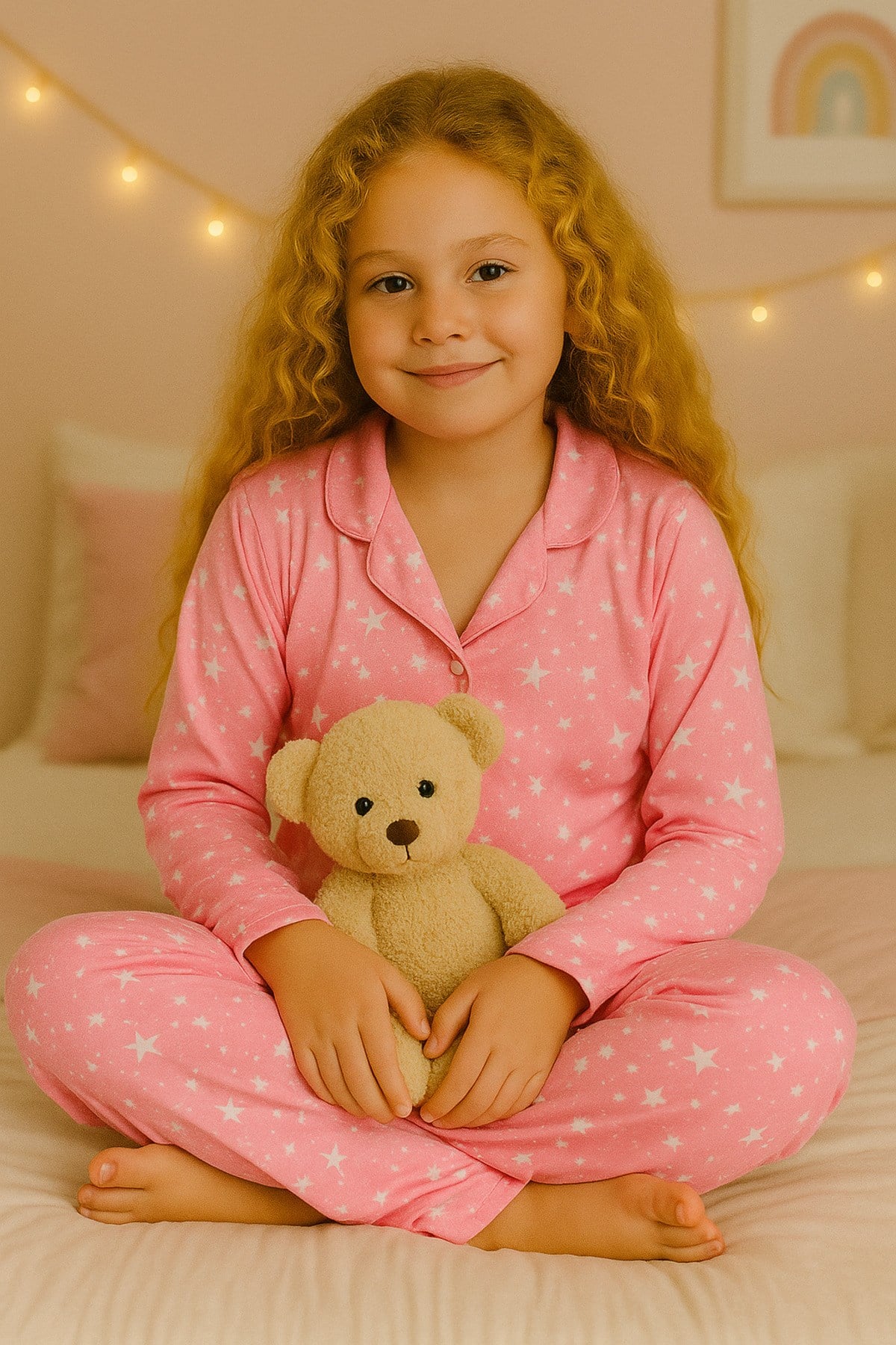 Kız Çocuk Yakalı Önü Düğmeli Pijama Takımı