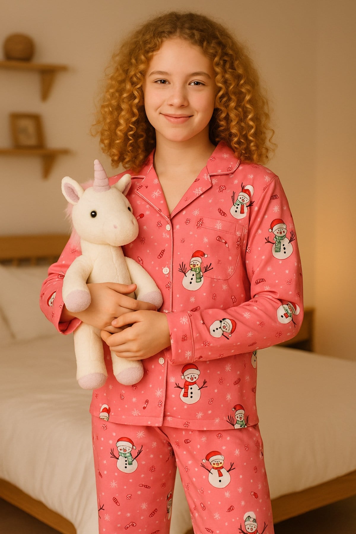 Kız Çocuk Yakalı Önü Düğmeli Pijama Takımı