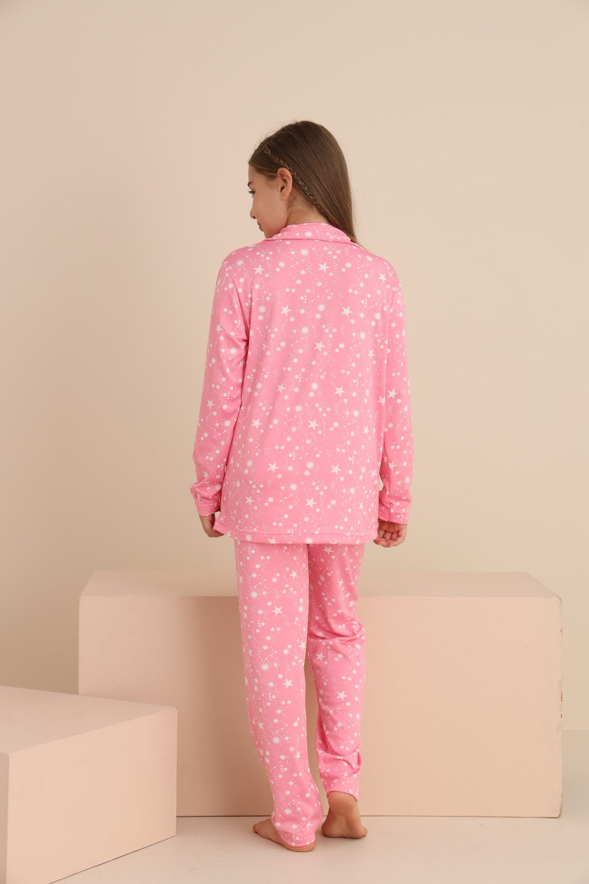 Kız Çocuk Yakalı Önü Düğmeli Pijama Takımı