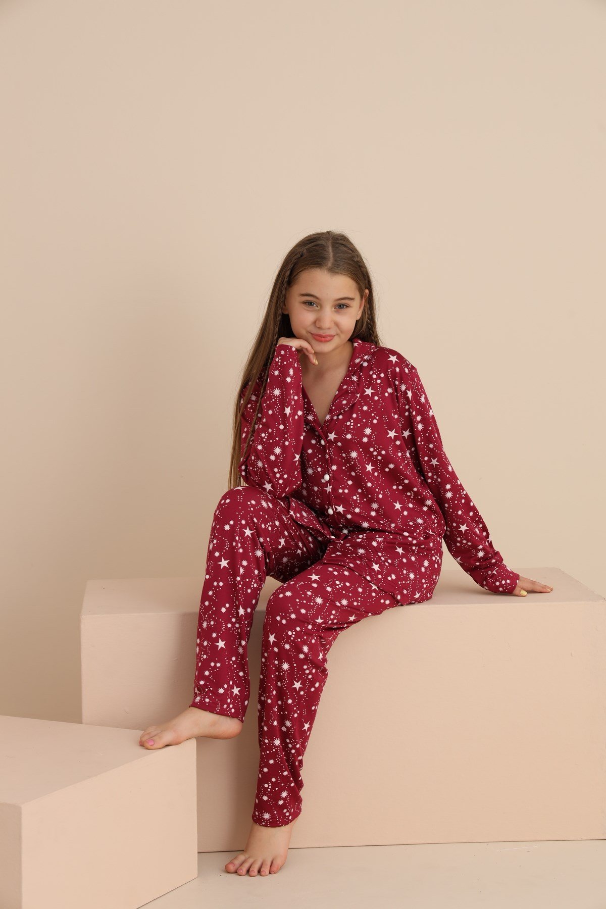 Kız YILDIZLI Çocuk Yakalı Önü Düğmeli Pijama Takımı