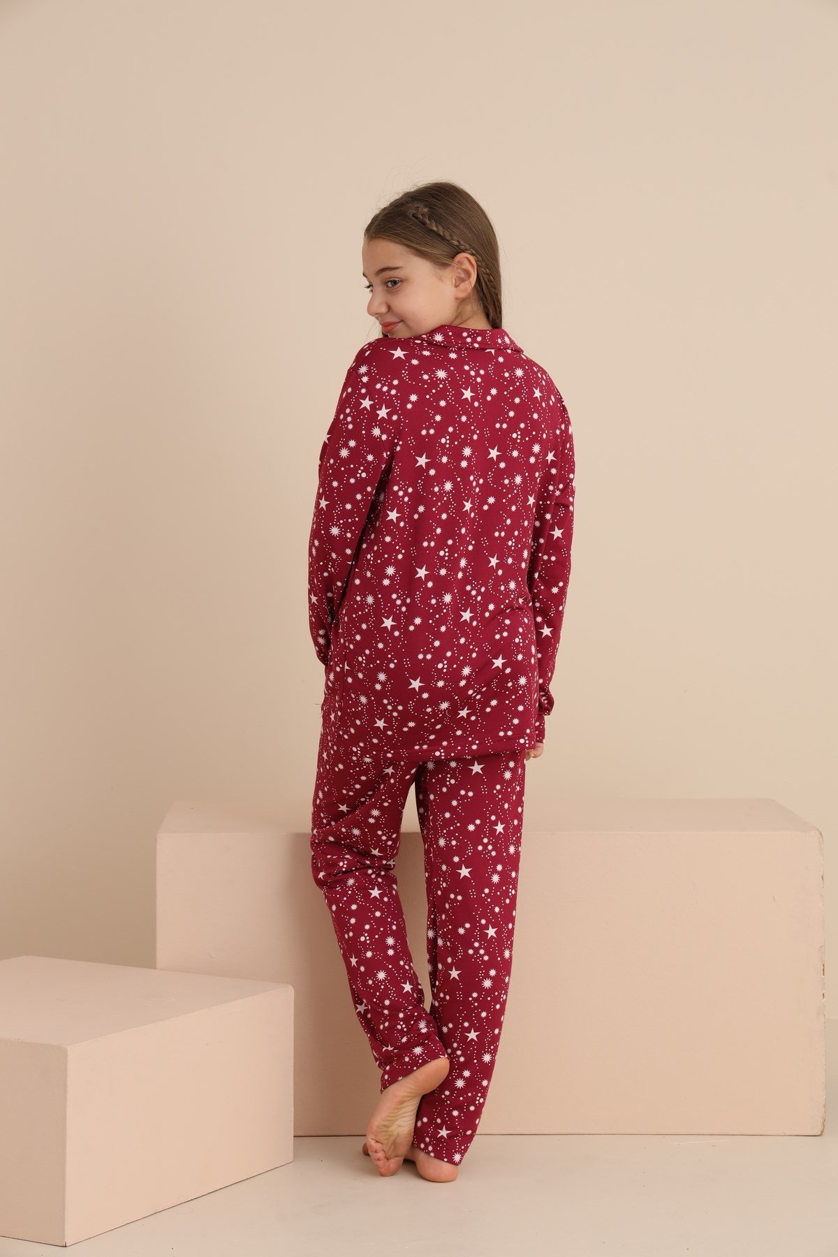 Kız YILDIZLI Çocuk Yakalı Önü Düğmeli Pijama Takımı