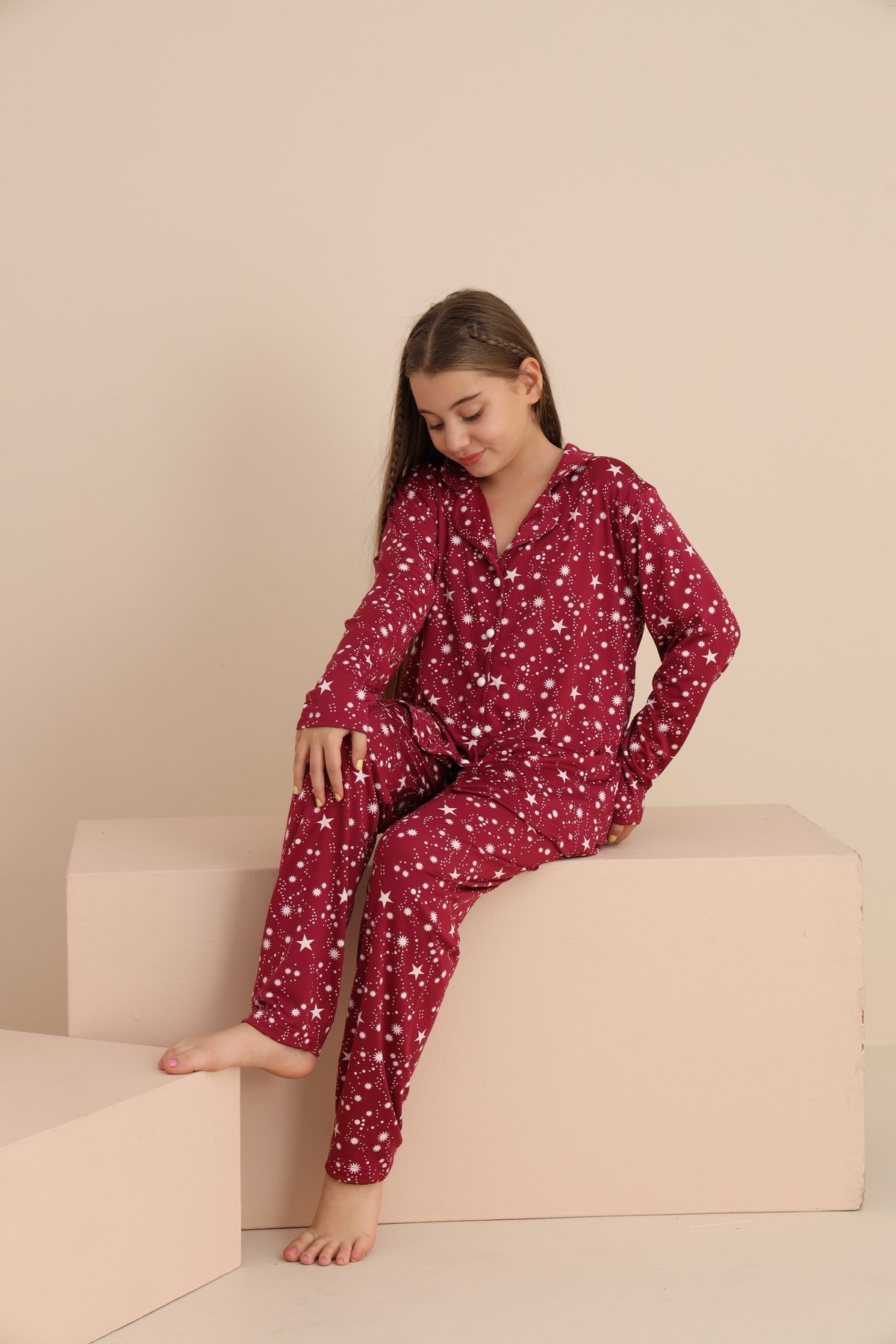 Kız YILDIZLI Çocuk Yakalı Önü Düğmeli Pijama Takımı