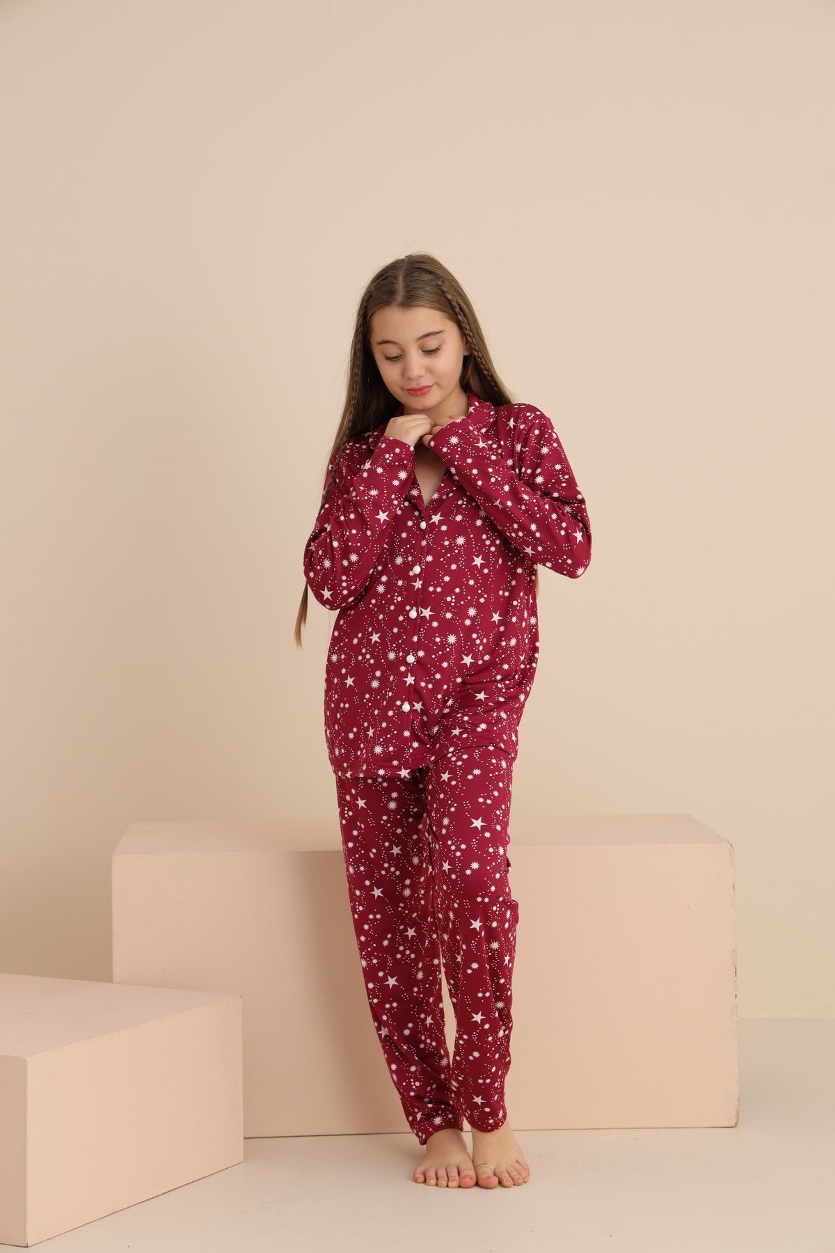 Kız YILDIZLI Çocuk Yakalı Önü Düğmeli Pijama Takımı