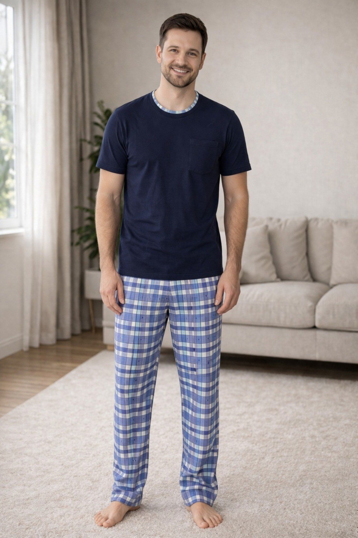 Lacivert Kısa Kol Baba-Oğul Cepli Pijama Takım