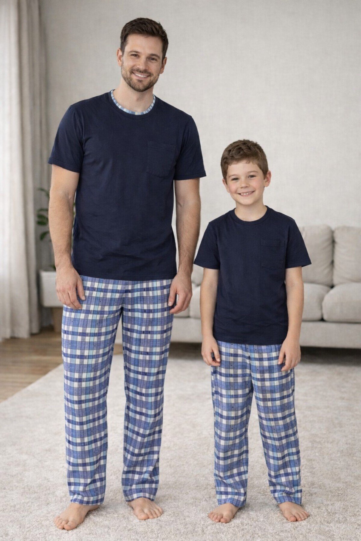 Lacivert Kısa Kol Baba-Oğul Cepli Pijama Takım