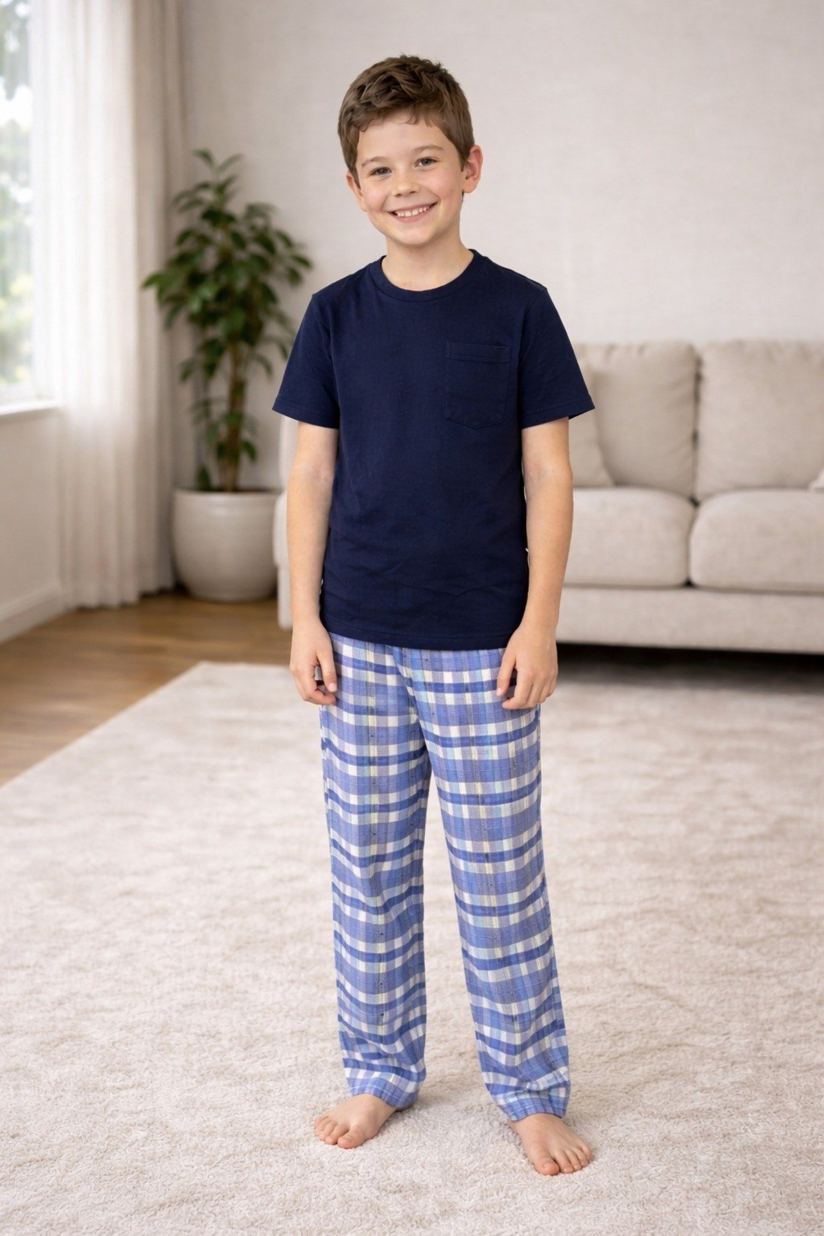 Lacivert Kısa Kol Baba-Oğul Cepli Pijama Takım