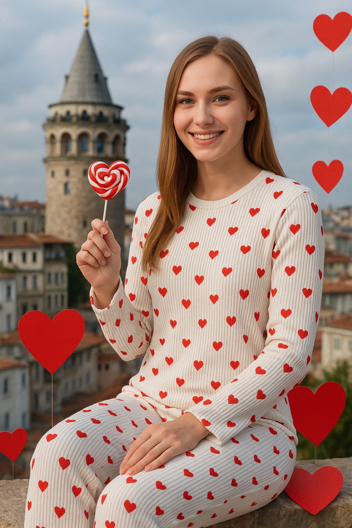 Pamuklu Kalın Kışlık İnterlok Şeritli kalp desenli Örme Pijama Takımı