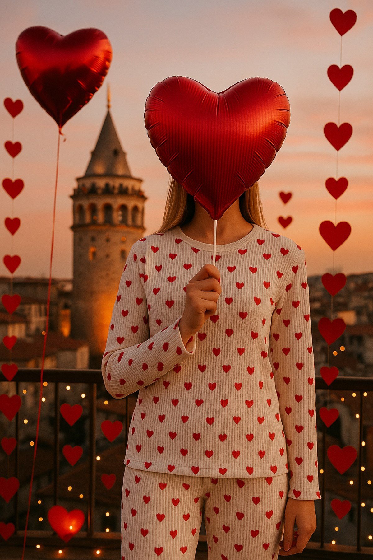Pamuklu Kalın Kışlık İnterlok Şeritli kalp desenli Örme Pijama Takımı