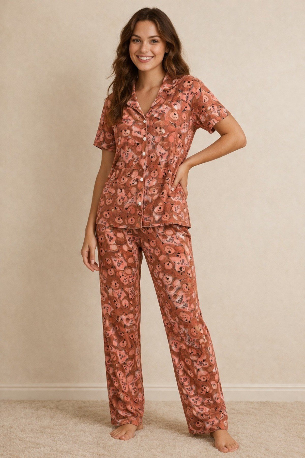Pamuklu Örme Kumaş Ayıcık Desenli Düğmeli Pijama Takım