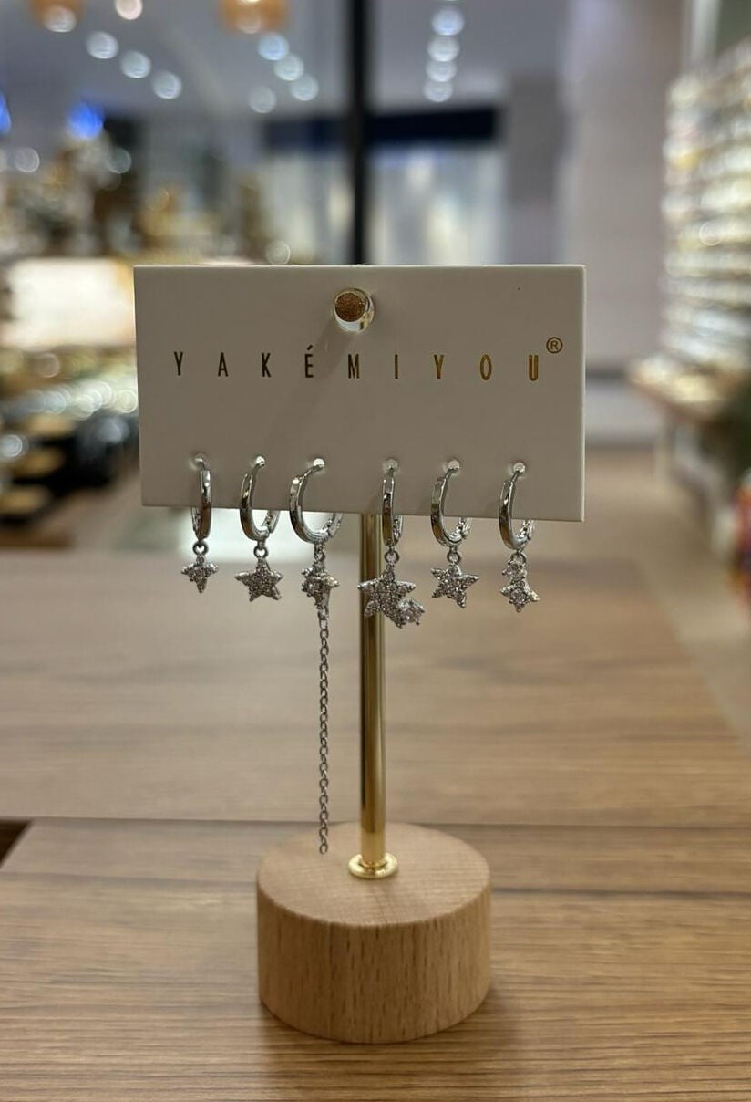 Yakemiyou Silver Taşlı Yıldızlar Altılı Küpe