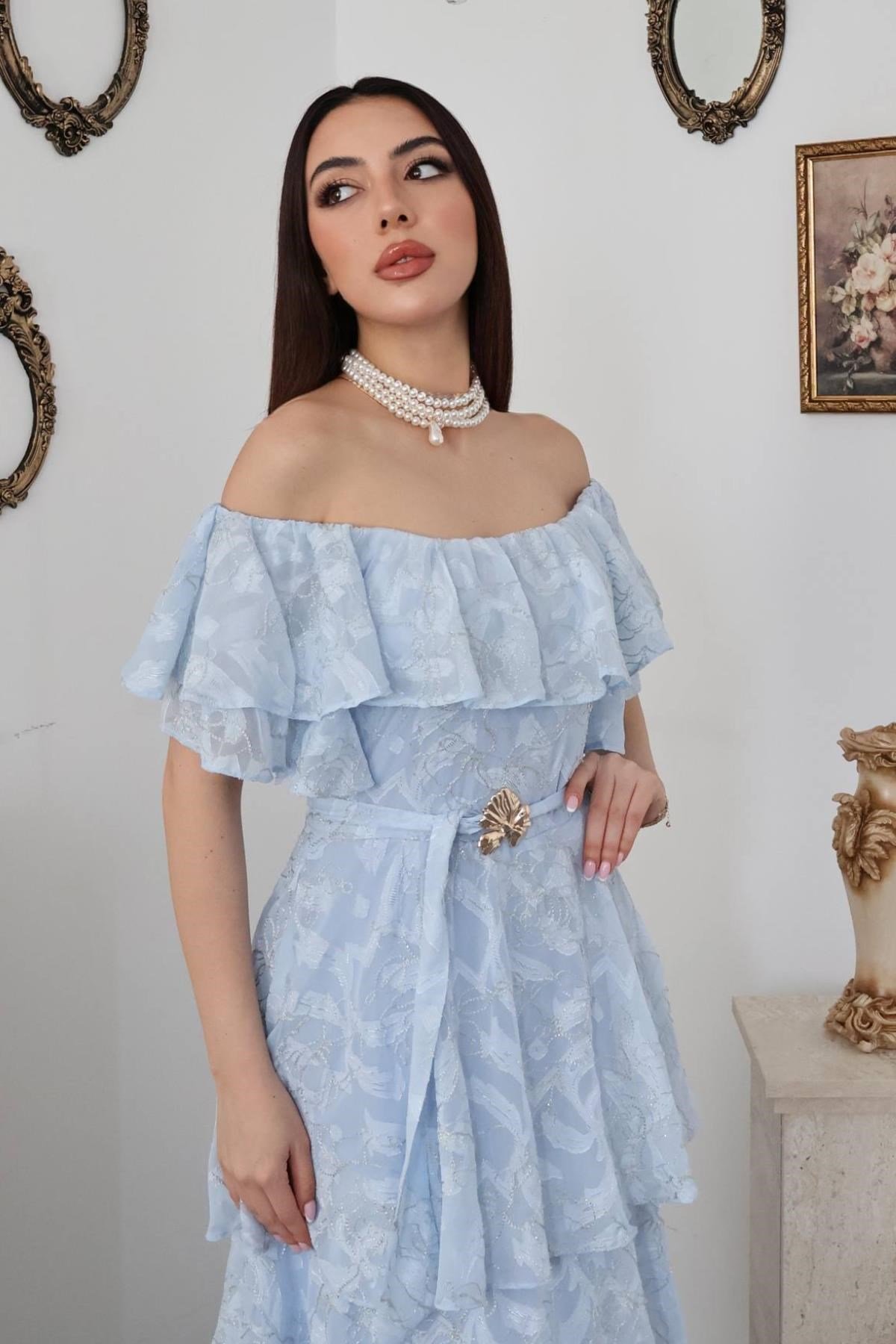 Bebe Mavi Kat Kat Fırfırlı Elbise