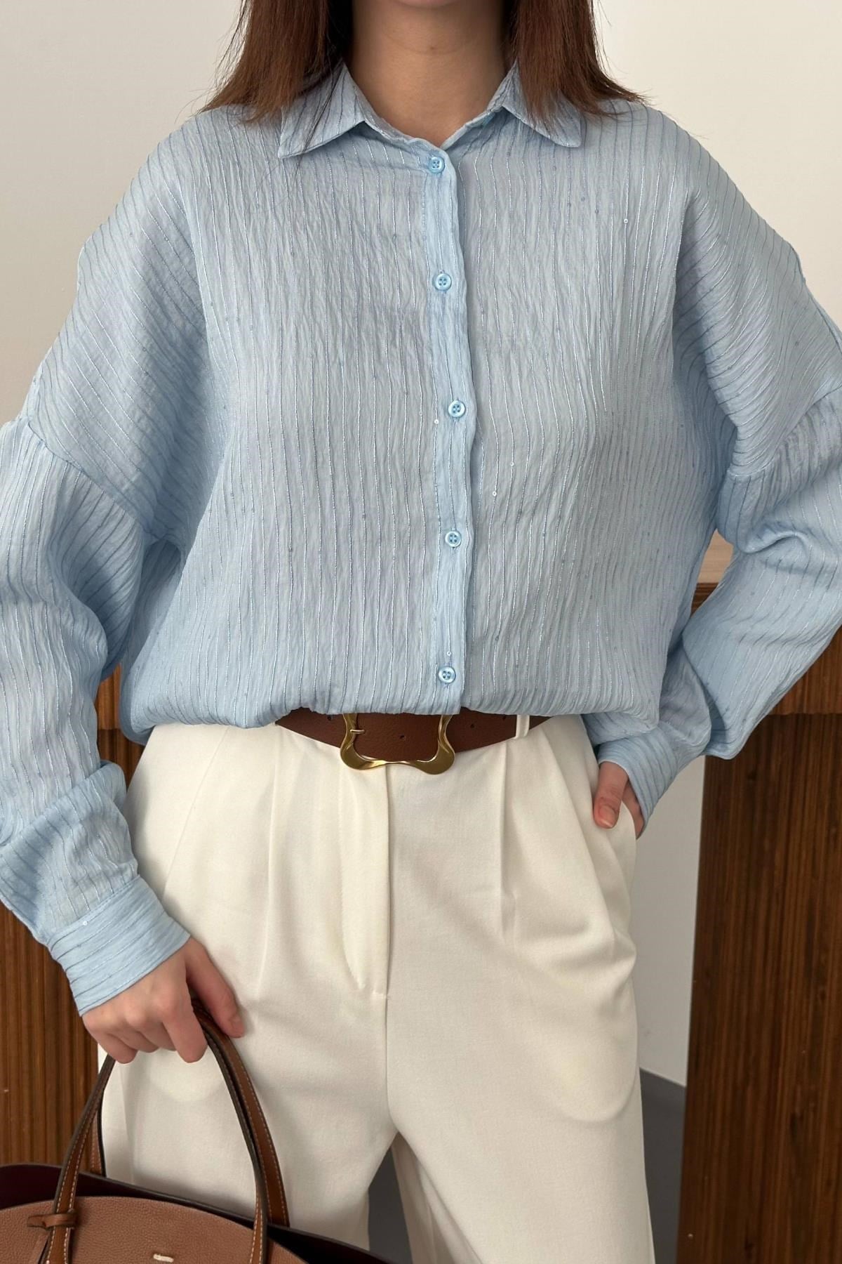 Bebe Mavi Nakışlı Oversize Gömlek
