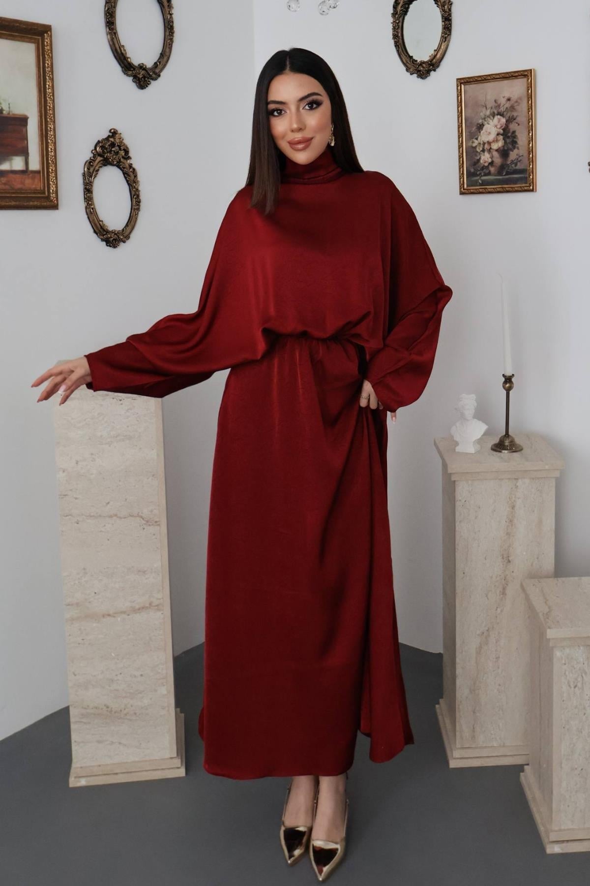 Bordo Jakarlı Saten Elbise