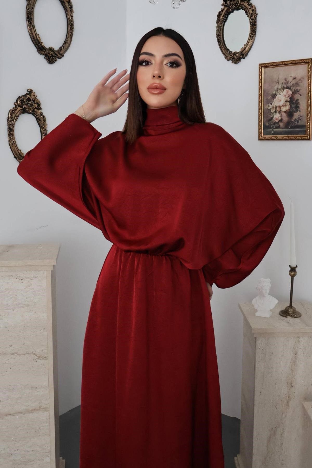Bordo Jakarlı Saten Elbise