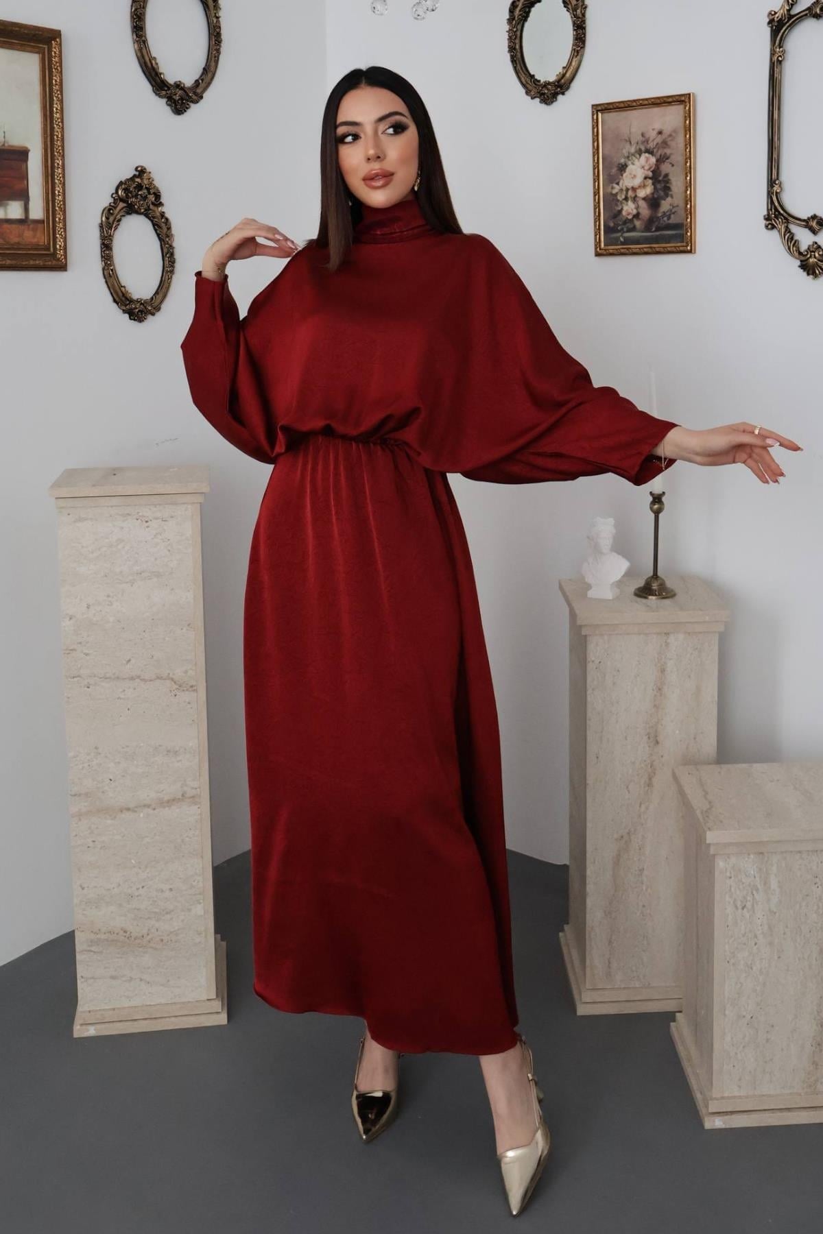 Bordo Jakarlı Saten Elbise
