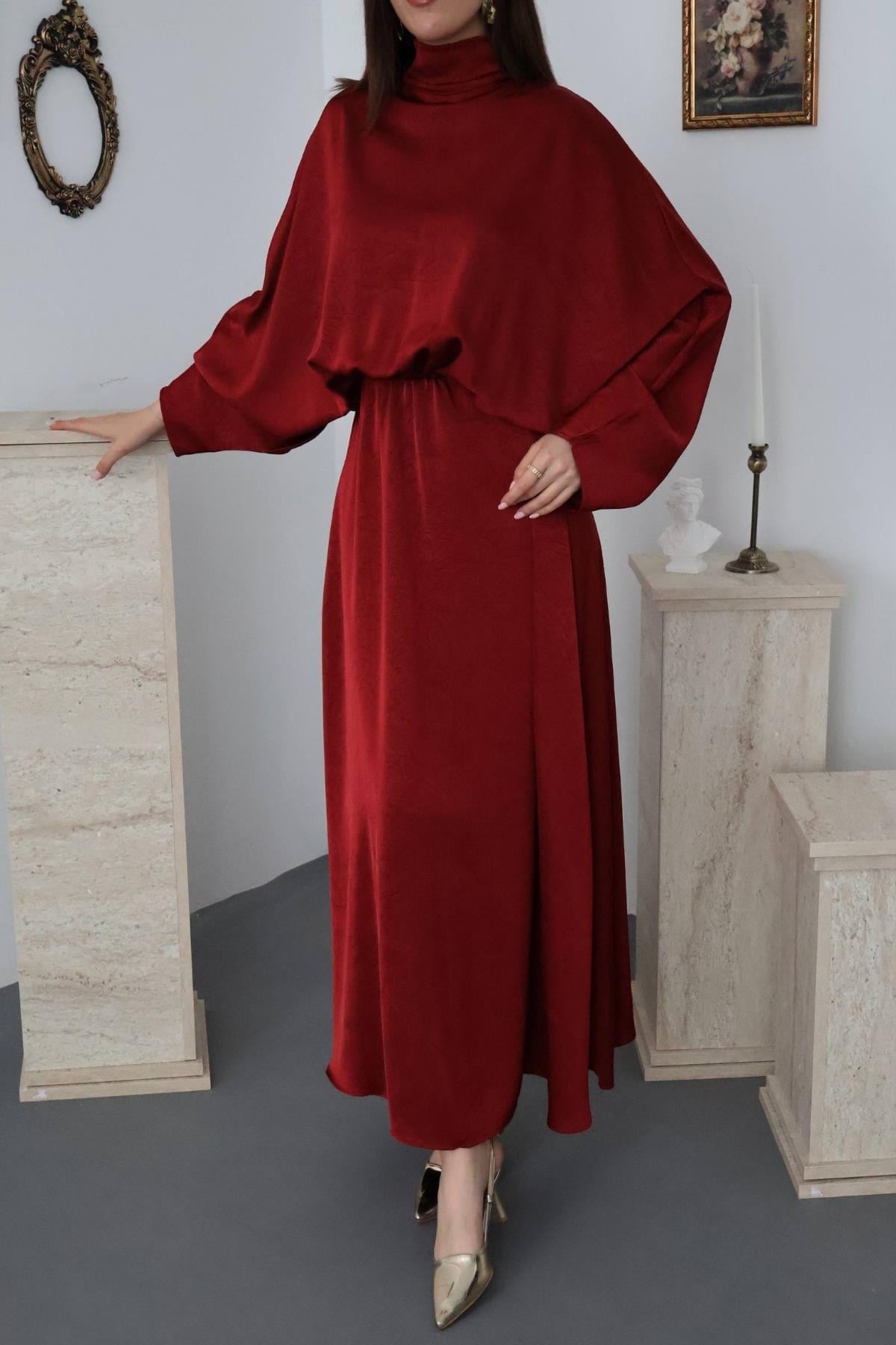 Bordo Jakarlı Saten Elbise