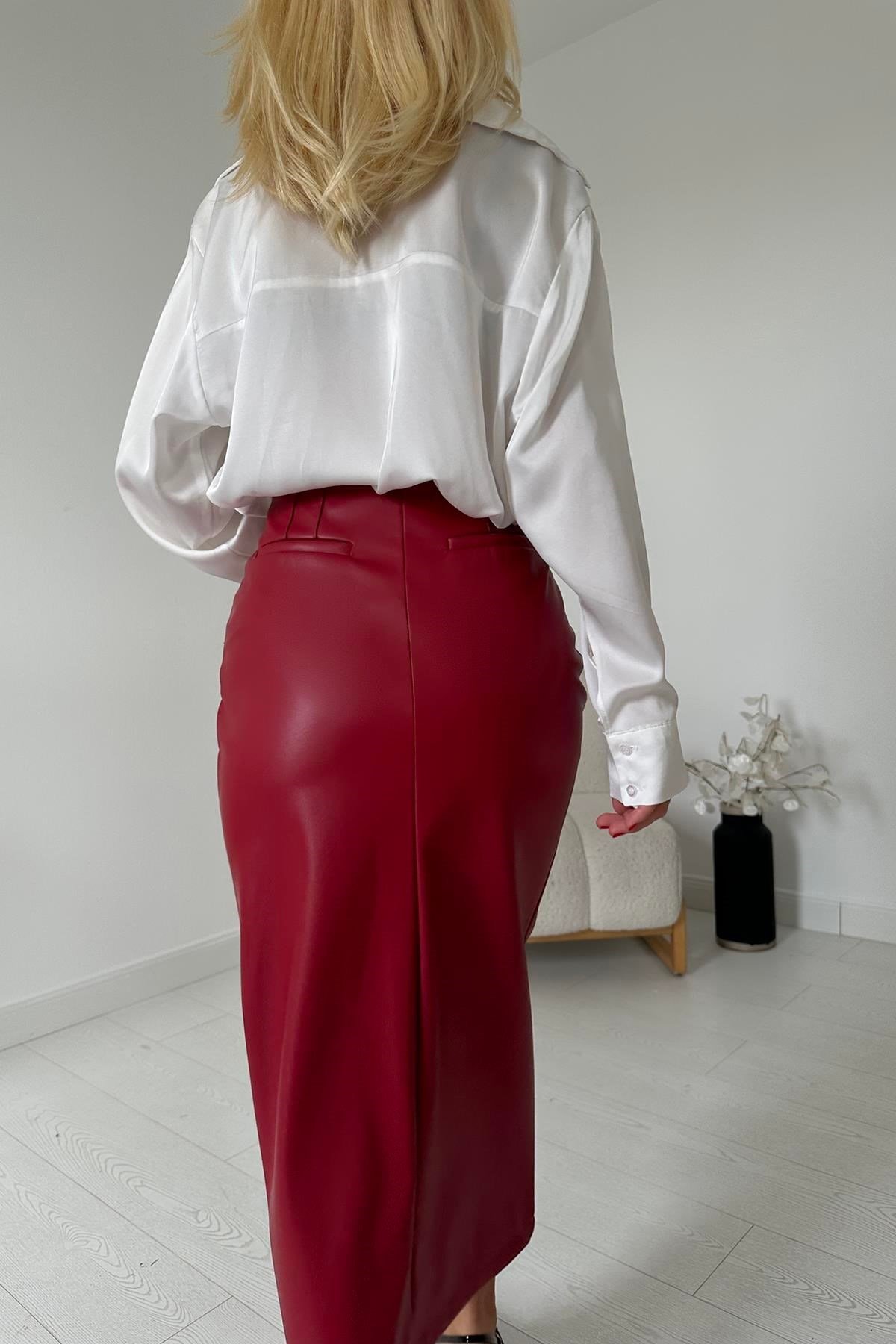 Bordo Yırtmaçlı Süs Patlı Etek